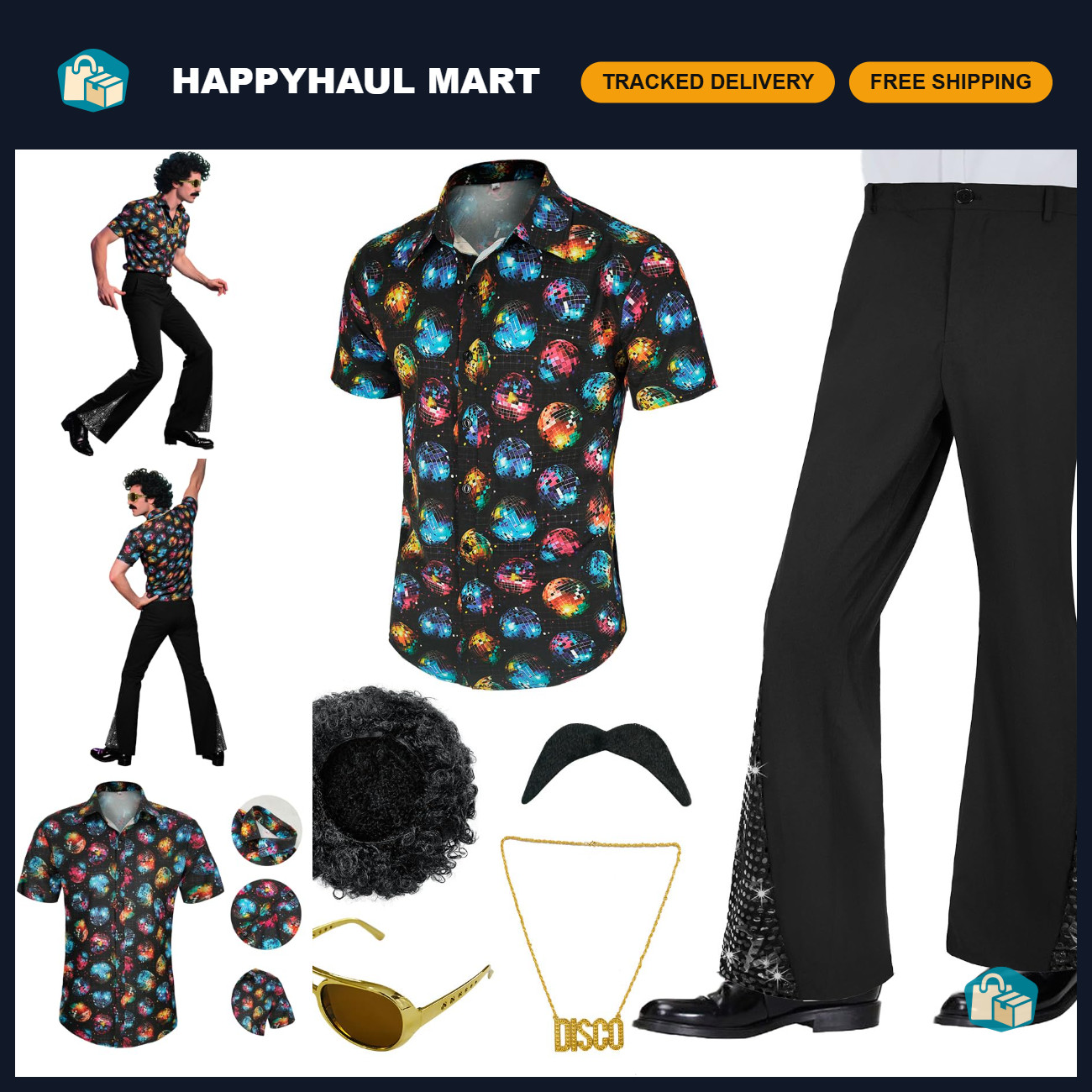 Retro 70s Men's Disco Costume Set - 6 Pieces with Accessories for Parties