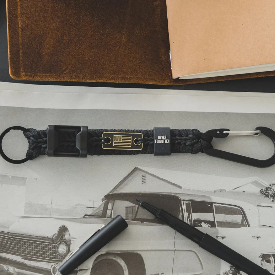 Hero Company Never Forgotten Black Tactical Paracord Keychain w/ Bottle Opener