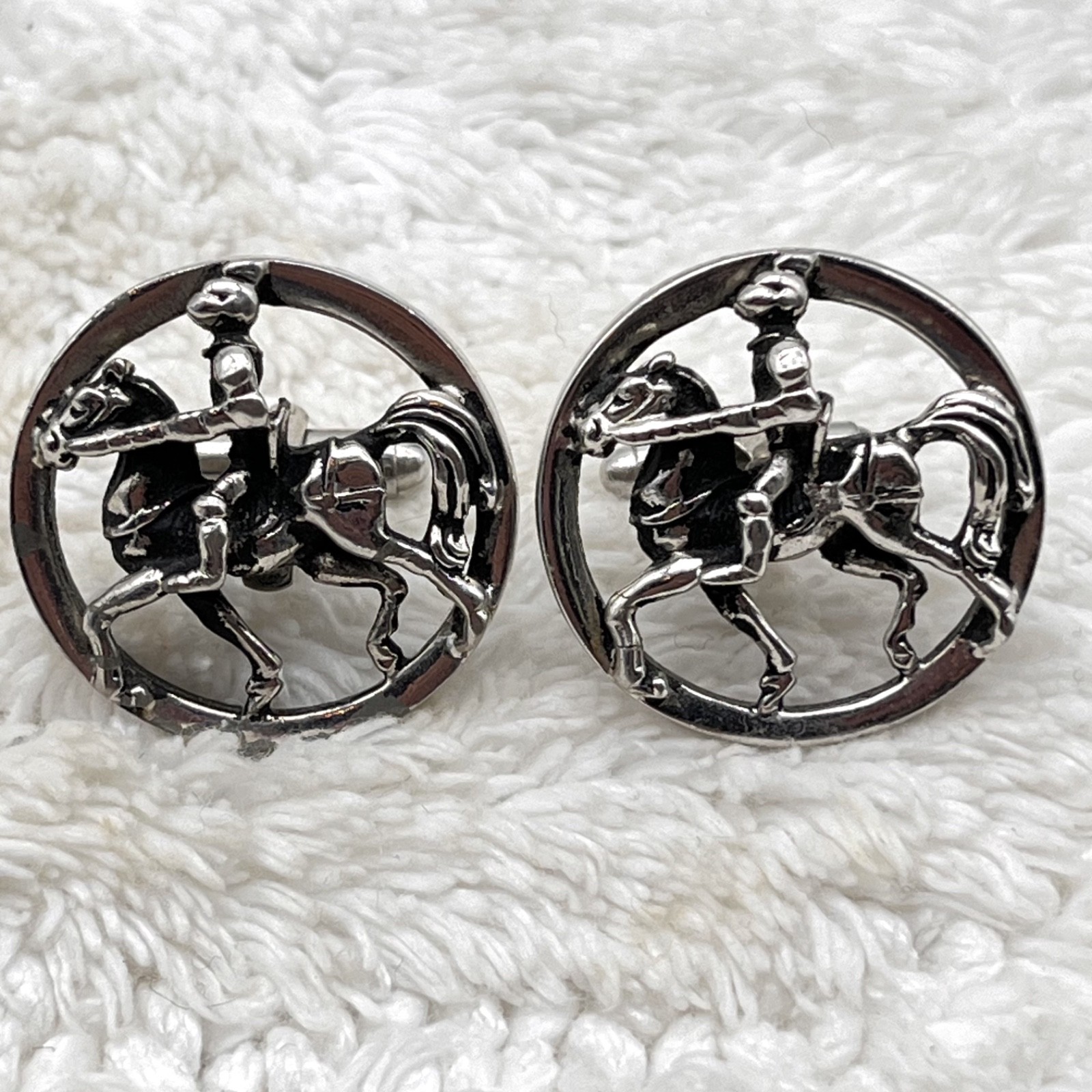 Vintage Knight Cufflinks Silver Tone Horse Rider 1.25\ Vintage Knight Cufflinks Silver Tone Horse Rider 1.25\