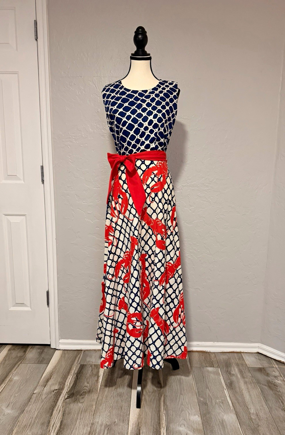 Lounge Craft Vintage 1960s Blue White Red Nautical Lobster Maxi Dress