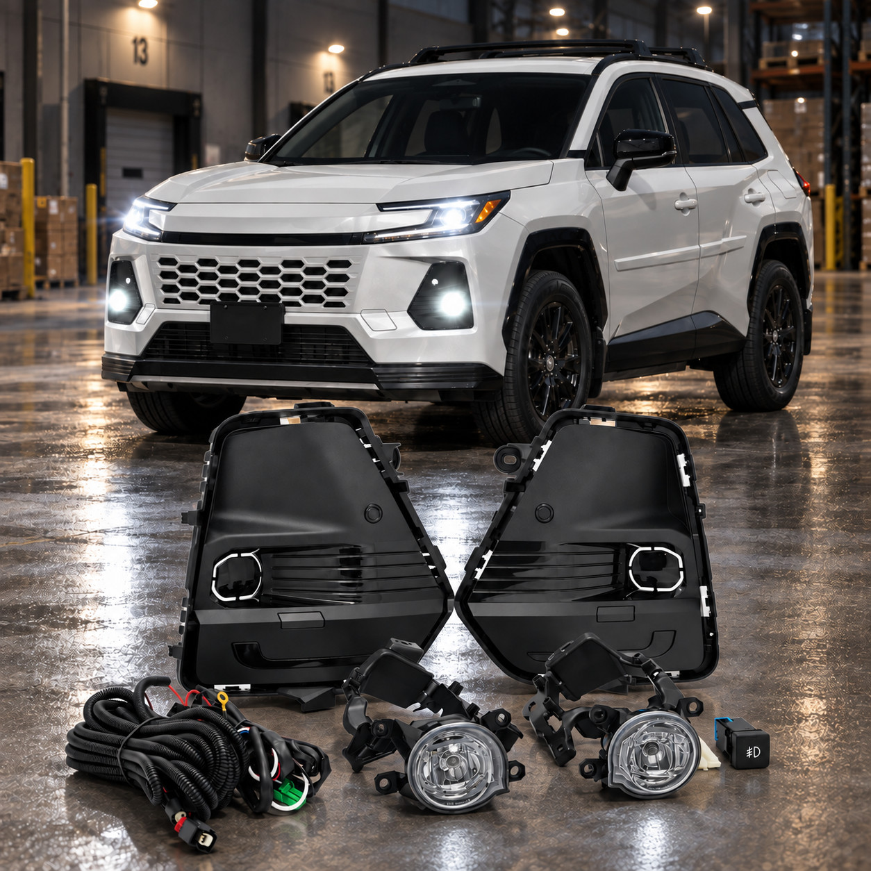 White LED Fog Lights For 2026 2027 TY Rav4 With Black Bezel Bracket Wires Switch White LED Fog Lights For 2026 2027 TY Rav4 With Black Bezel Bracket Wires Switch