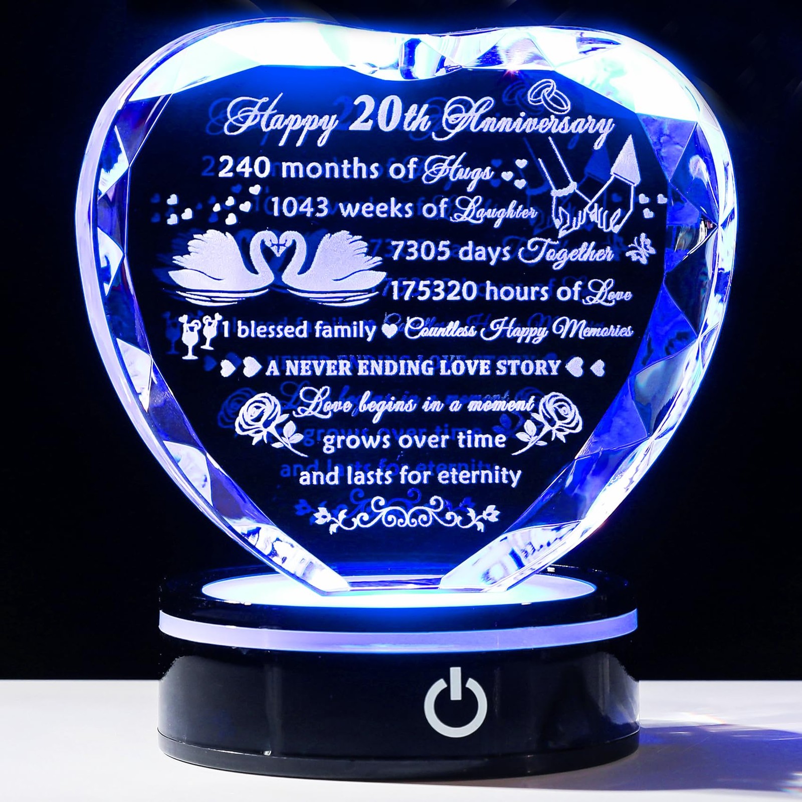 YWHL 20th Anniversary Crystal Heart Gifts for Wife Husband, Laser Colorful 