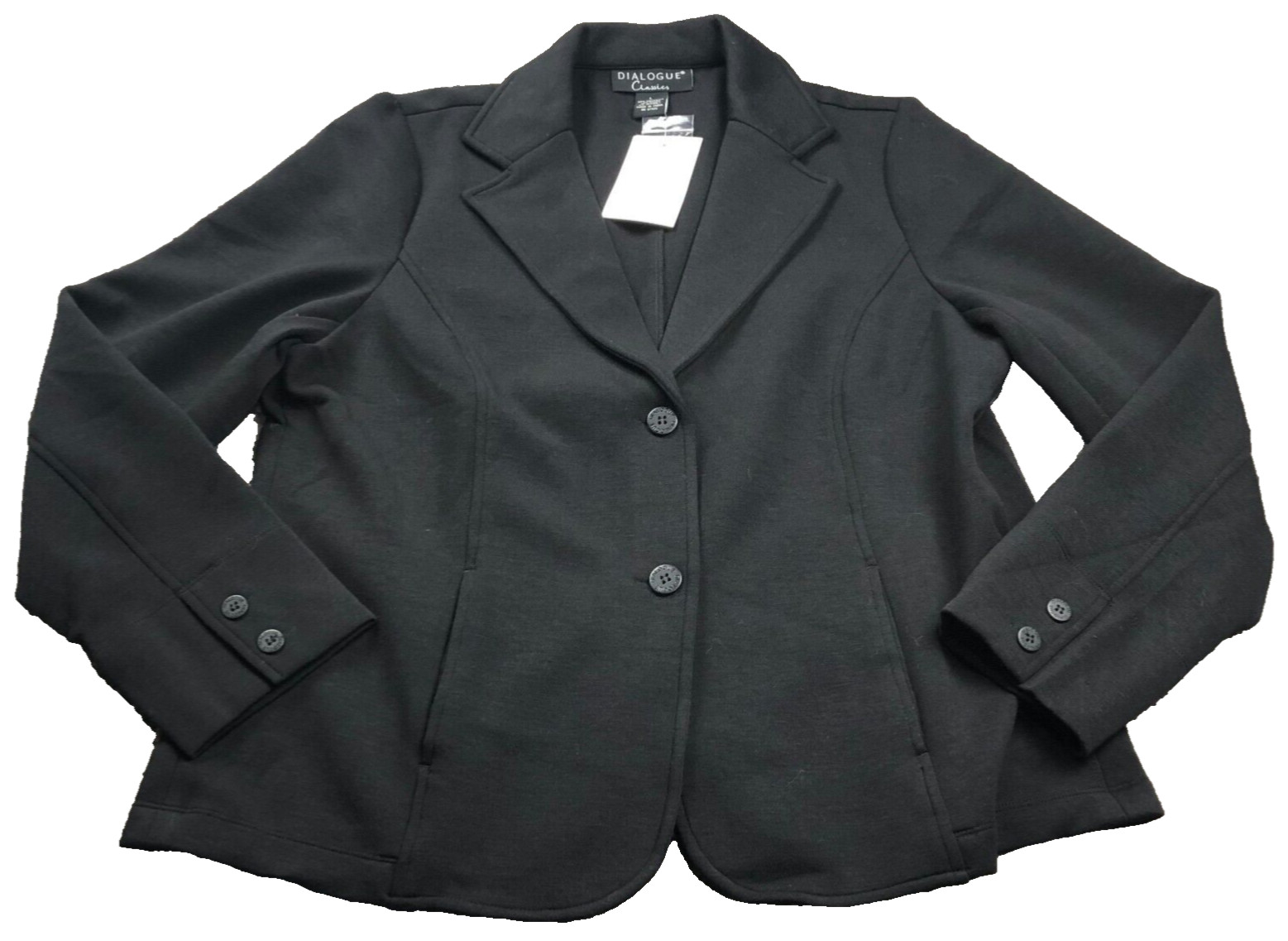 Dialogue Womens Blazer Sz L Black Classic Button-Up Long Sleeve Stretch QVC NWT