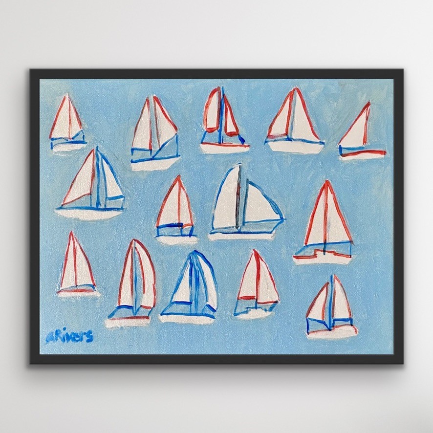 ARivers Modern Abstract Art Sail Boats Painting 14x11 Signed Original Decor