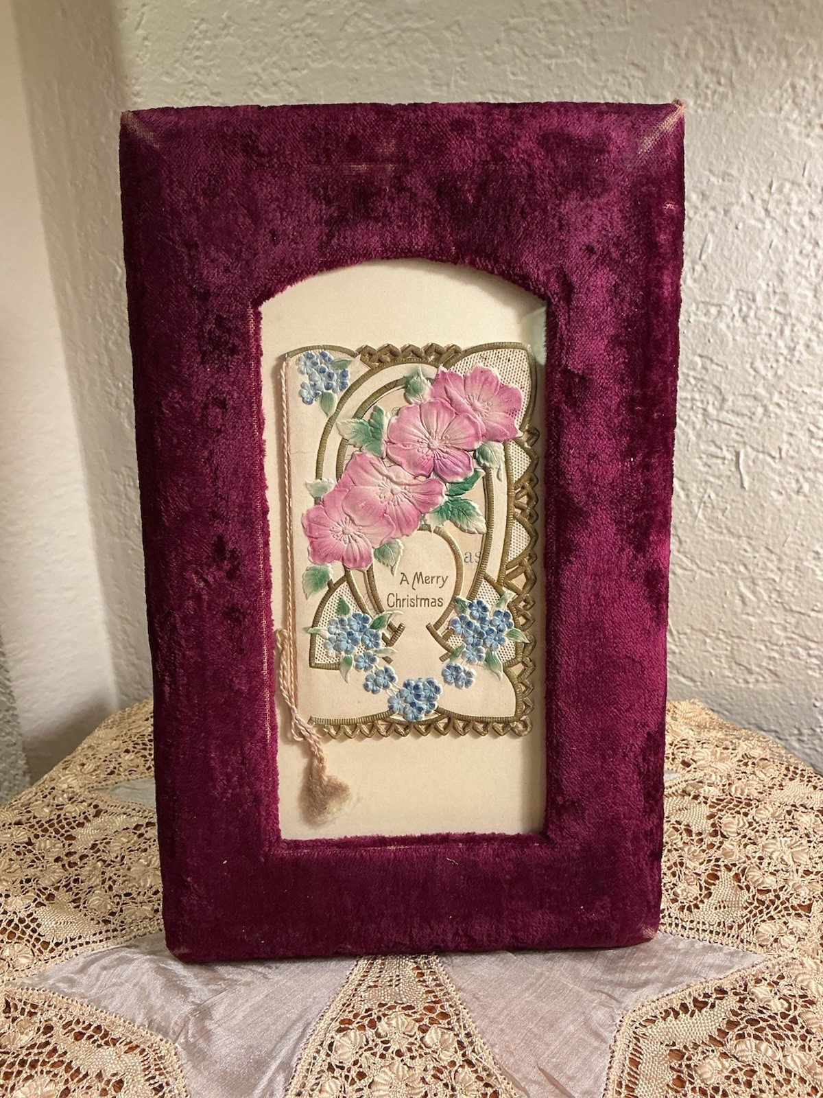 Antique Victorian Christmas Card With Victorian Purple Velvet Easel Frame Antique Victorian Christmas Card With Victorian Purple Velvet Easel Frame