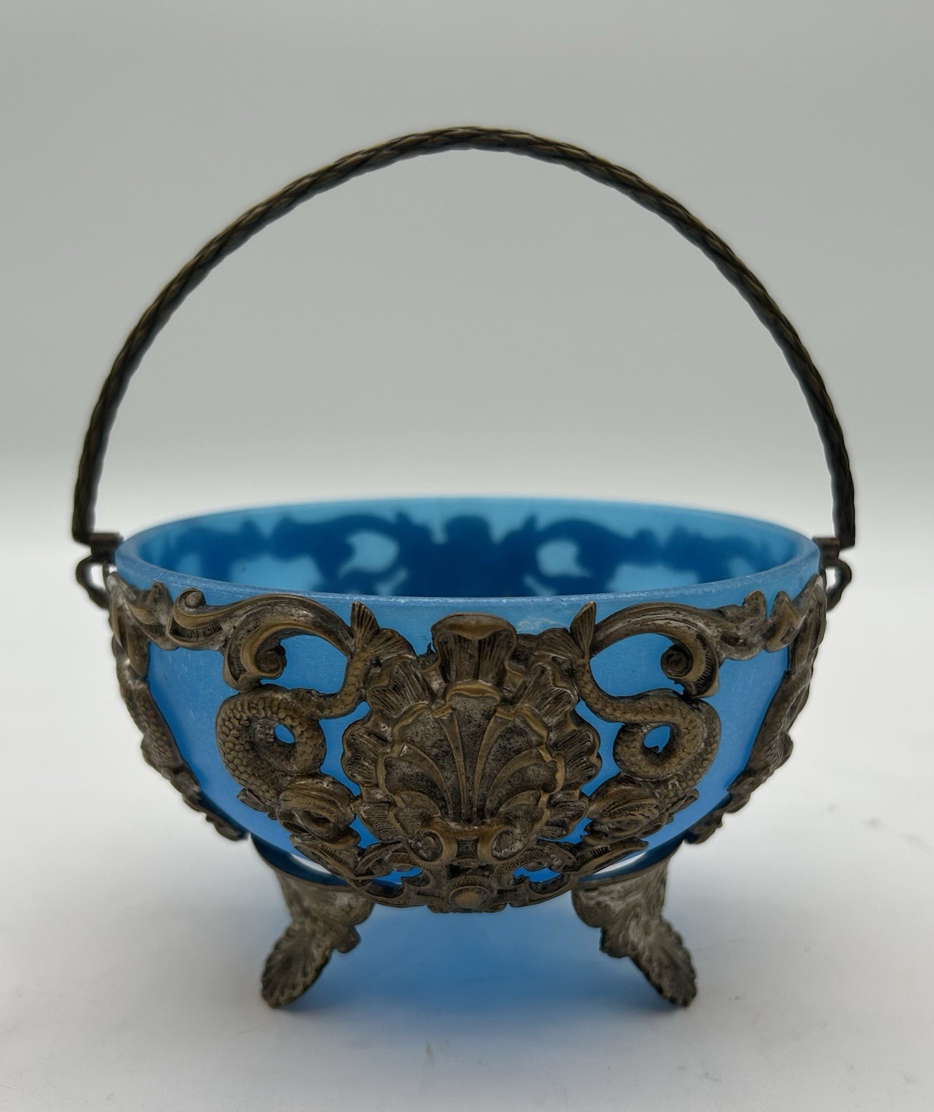 Antique Blue Opaline Glass Art Nouveau Basket with Serpent Fish Metal Casing Antique Blue Opaline Glass Art Nouveau Basket with Serpent Fish Metal Casing