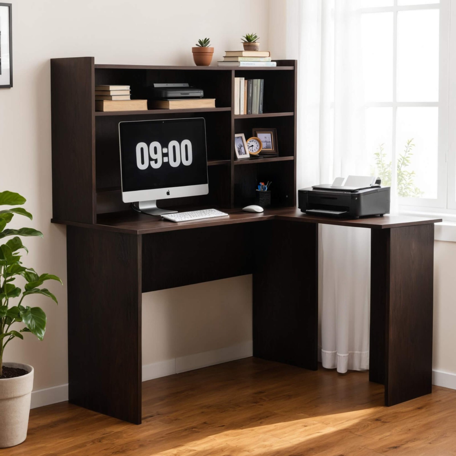 Ivinta L-Shaped Computer Desk with Storage Hutch for Home Office, Dark Brown
