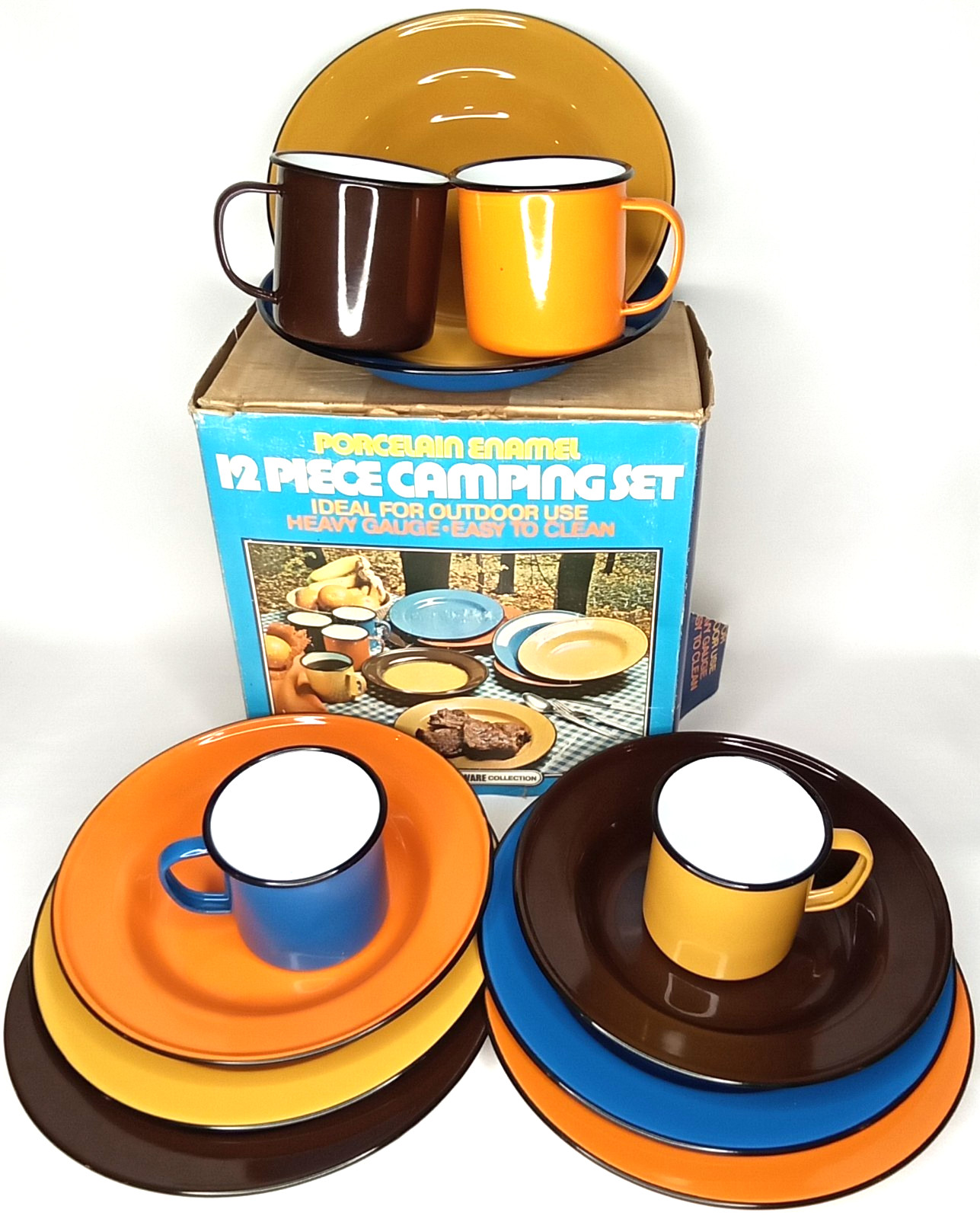 Vintage 1970s Luckyware Porcelain Enamel 12 Piece Camping Set With Original Box