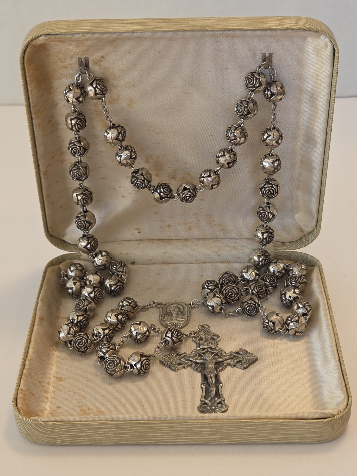 Vtg CHAPEL Sterling Silver Rose Bead Rosary Scapular Center Medal Boxed 47g 24\