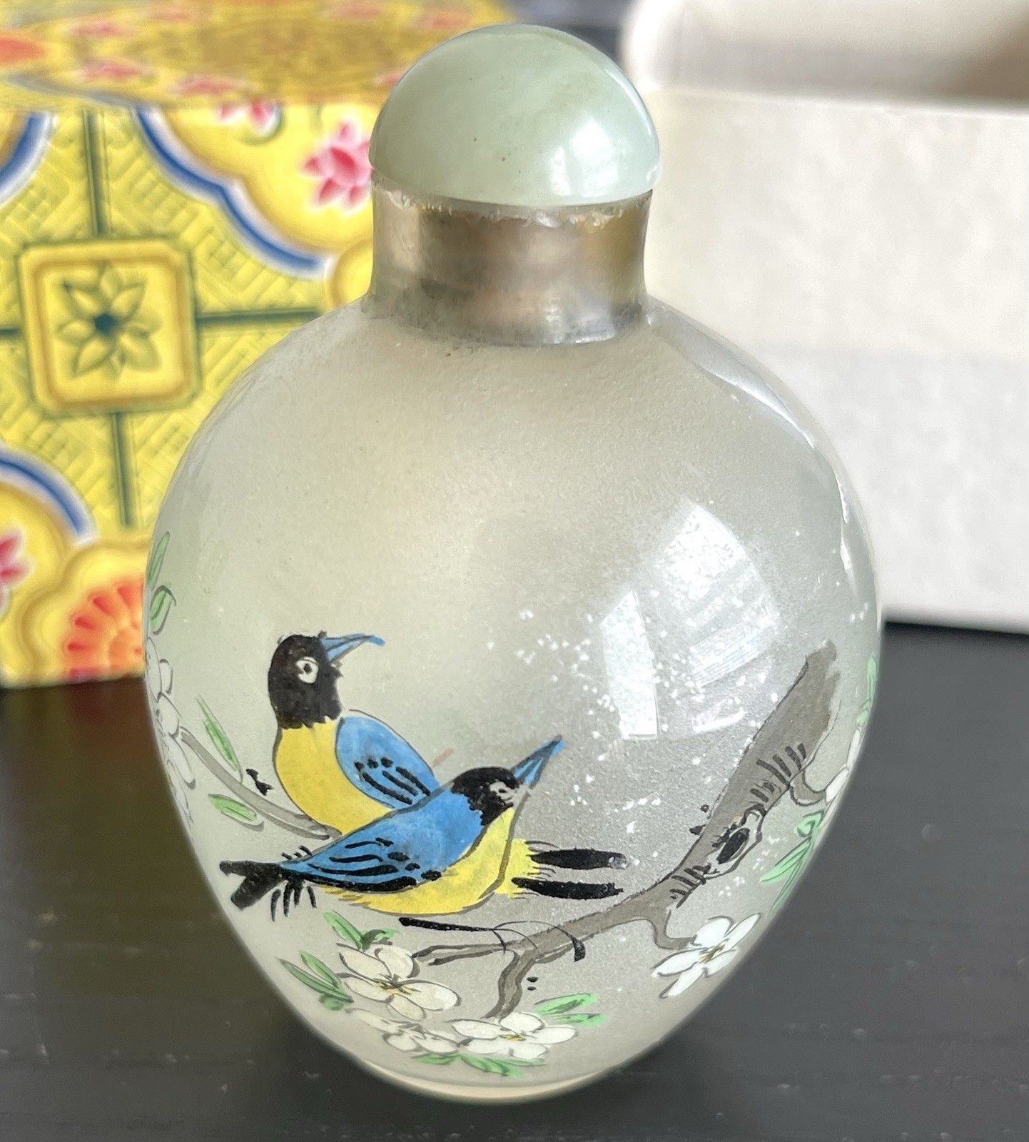 Vintage Chinese Inside Painted Glass Snuff Bottle Birds Flowers Boxed