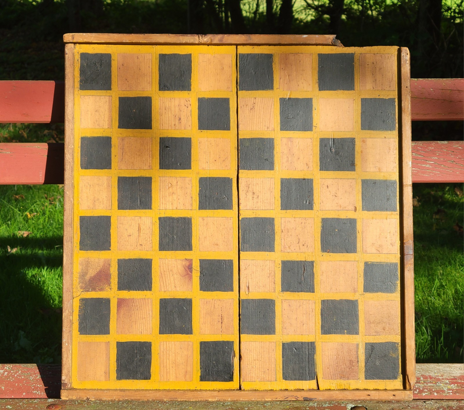 Vintage Folk Art Gameboard Checkerboard Chess Mustard Black Primitive Folk Art