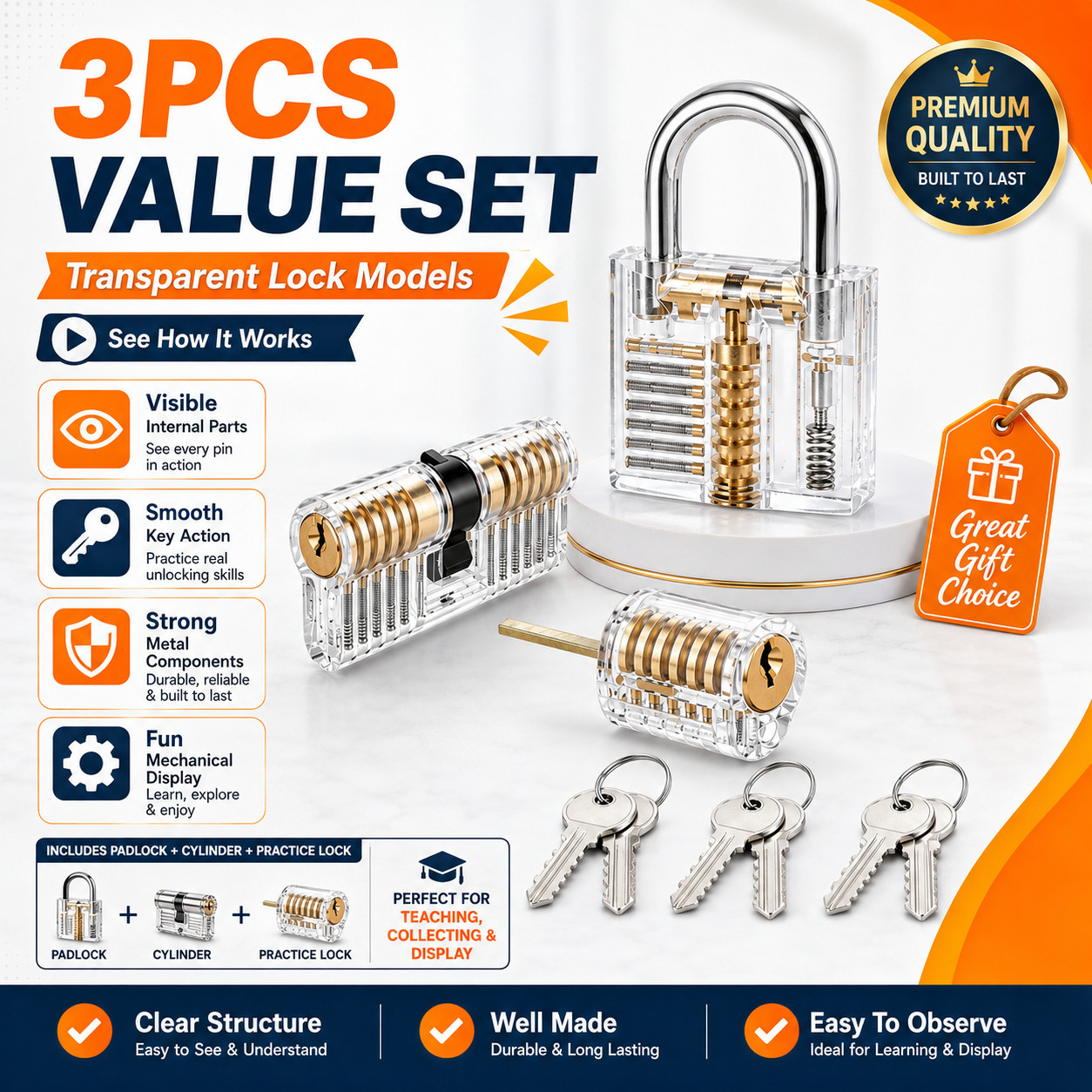 3PCS Clear Lock Practice Set with 3 Locks and Keys for Picking Training Starter