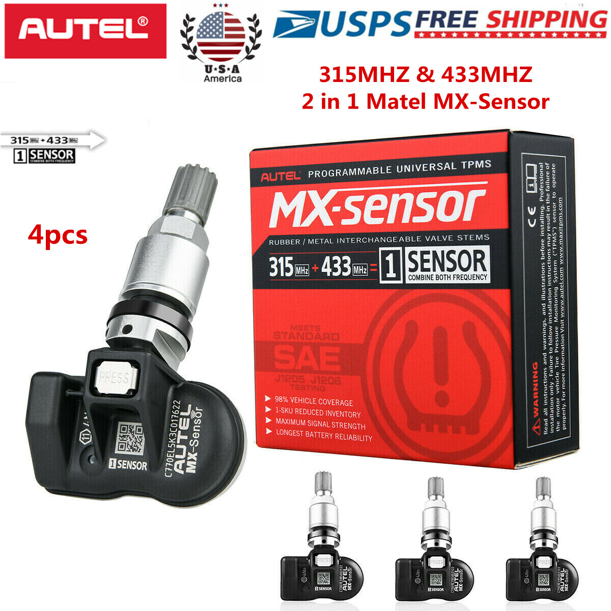 4PCS Autel MX-Sensor TPMS 315MHz+433MHz 2 In 1 Program Fit Tire Pressure Metal