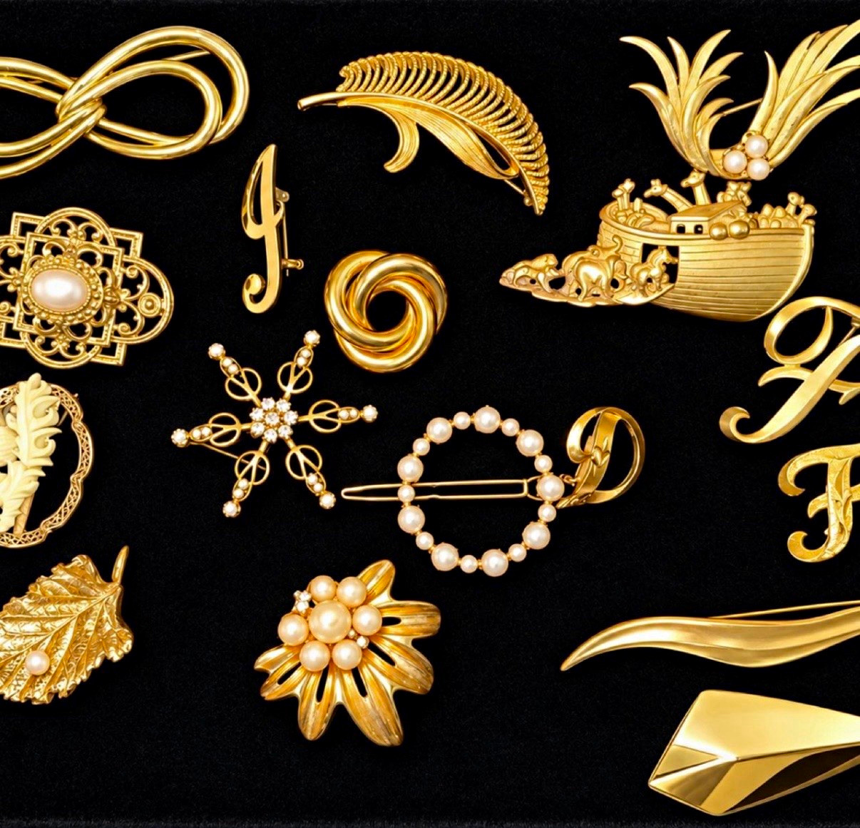 16-Piece Vintage Gold-Tone Brooch & Pin Lot – Signed A.J.C. + Mixed Retro Styles