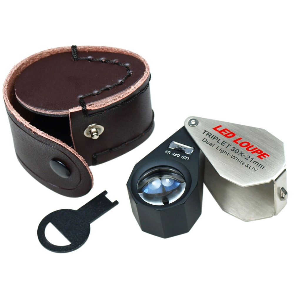 30X Magnification 21mm Triplet Jewelers Loupe with LED - UV Dual illumination 30X Magnification 21mm Triplet Jewelers Loupe with LED - UV Dual illumination