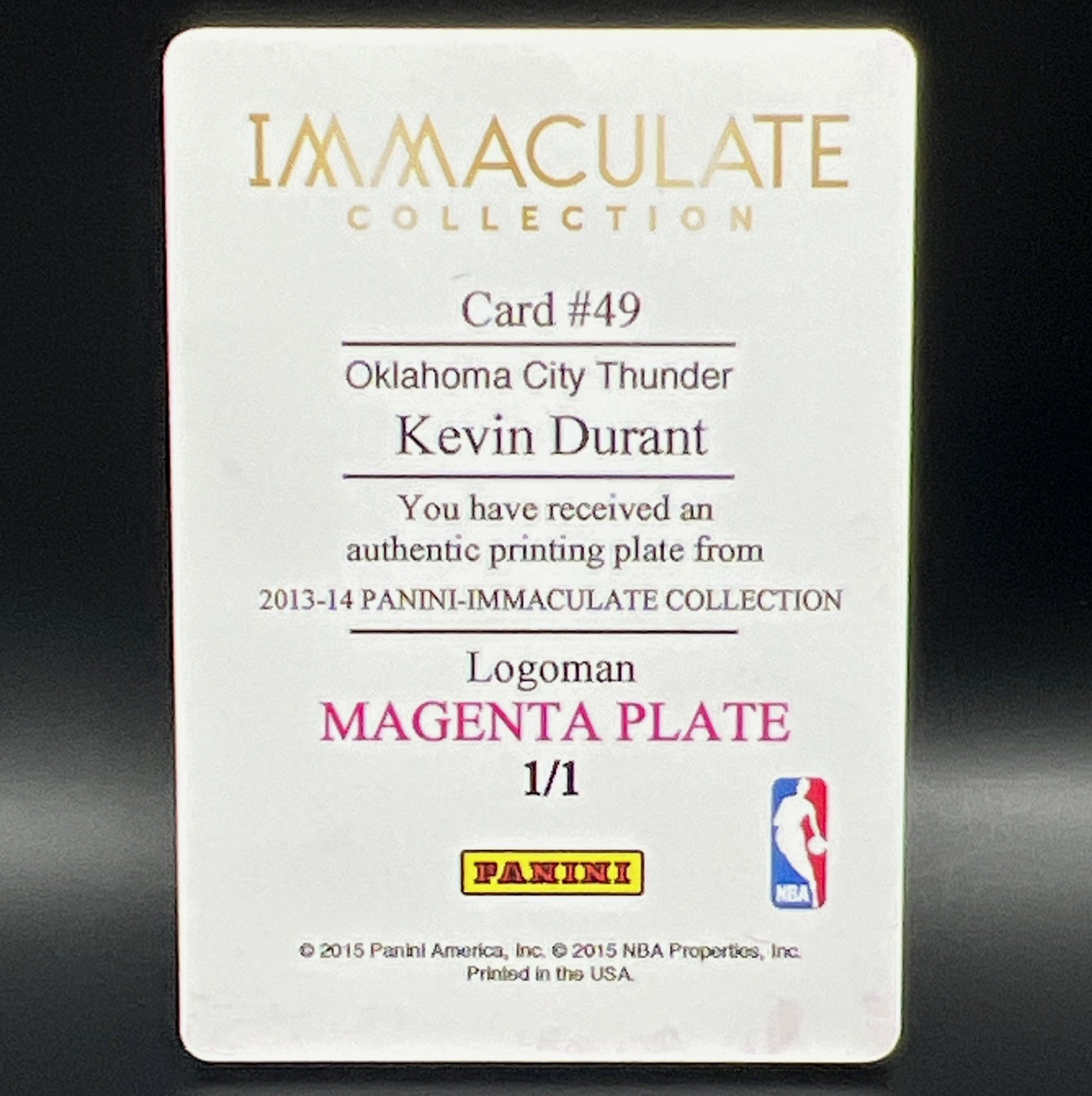 2013-14 Panini Immaculate Kevin Durant Logoman Magenta Plate 1/1 #49