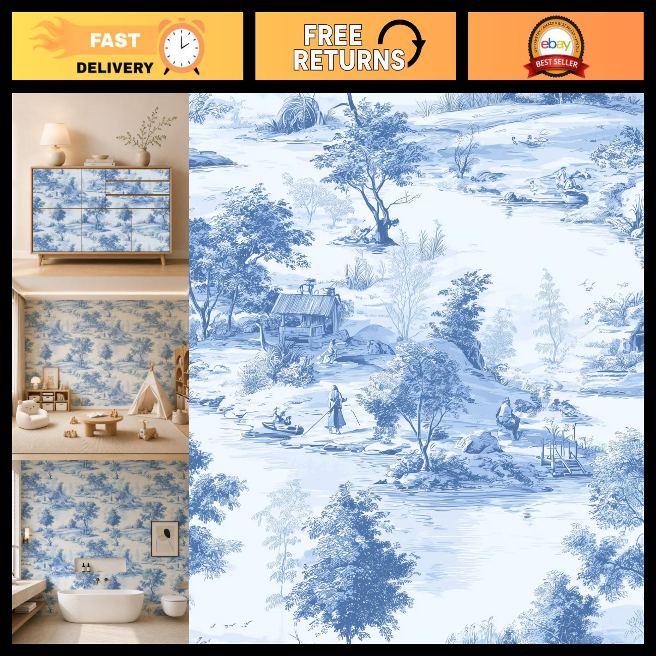 Blue & White Chinese Landscape Peel and Stick Wallpaper Mural, 118\