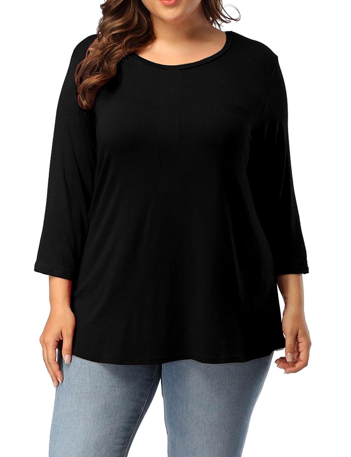 Womens 3/4 Sleeve Top Casual Round Crew Neck T-Shirt Blouse Loose Fit