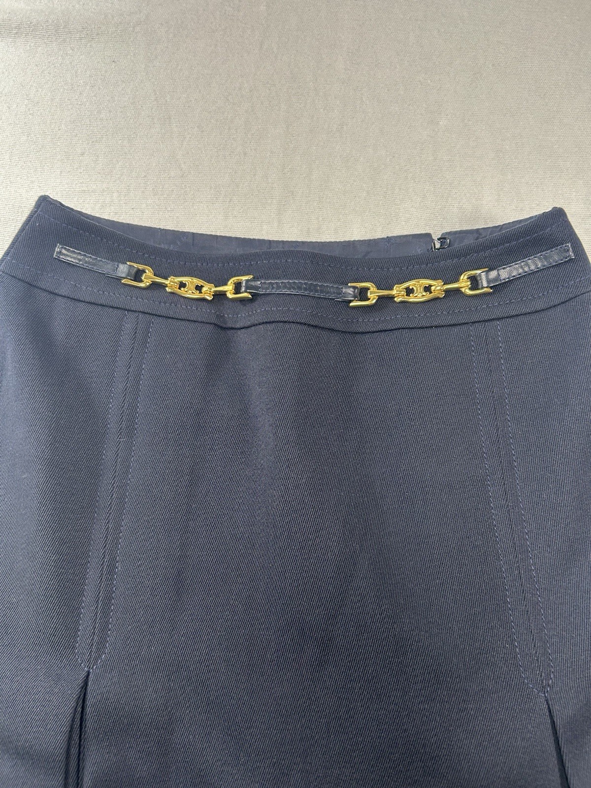 Vintage CELINE Nay Blue Pleated Midi Skirt with Horsebit Chain Detail. FR38 US6