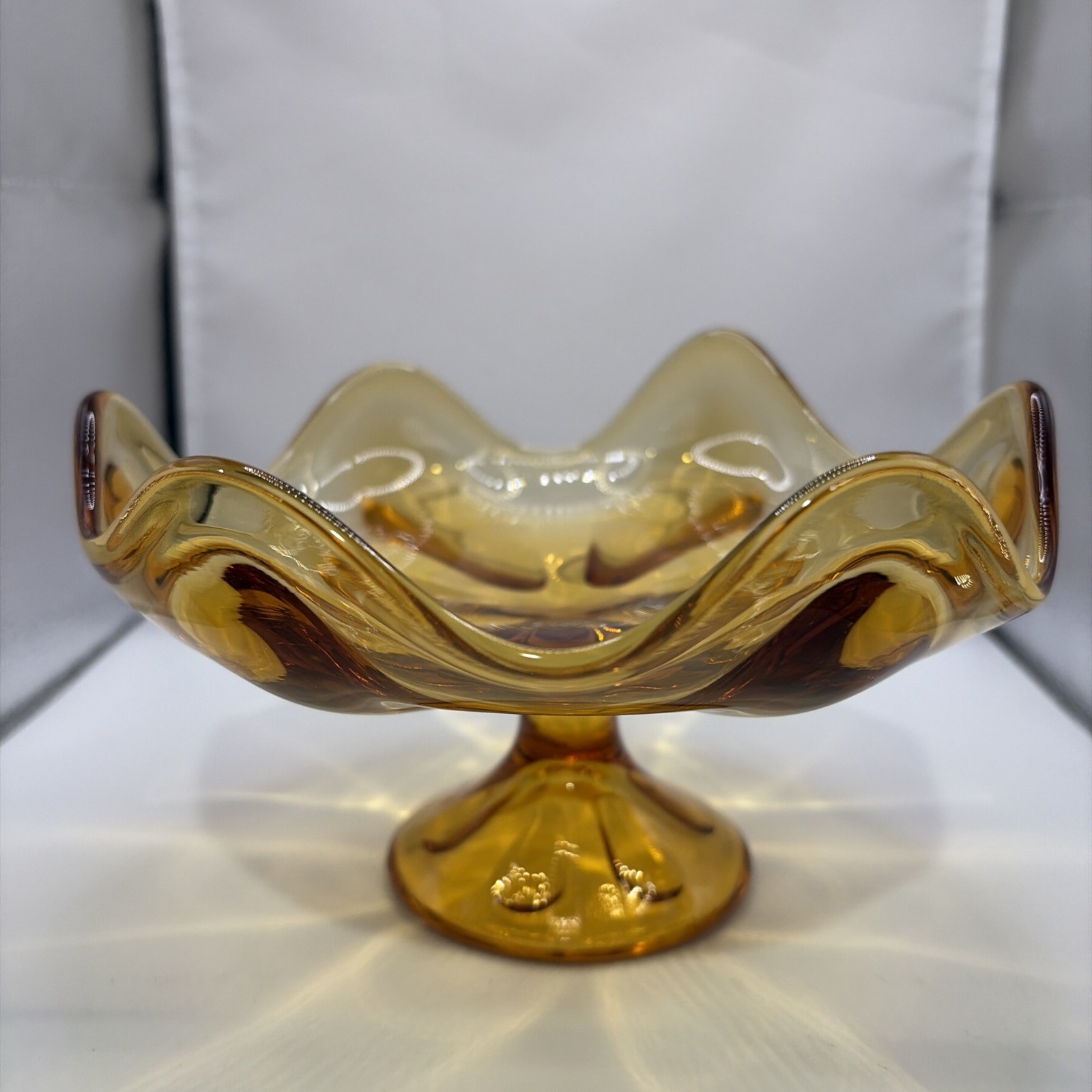 VTG Viking Amber Glass Six Petal Footed Pedestal Compote Candy Dish MCM 7” VTG Viking Amber Glass Six Petal Footed Pedestal Compote Candy Dish MCM 7”