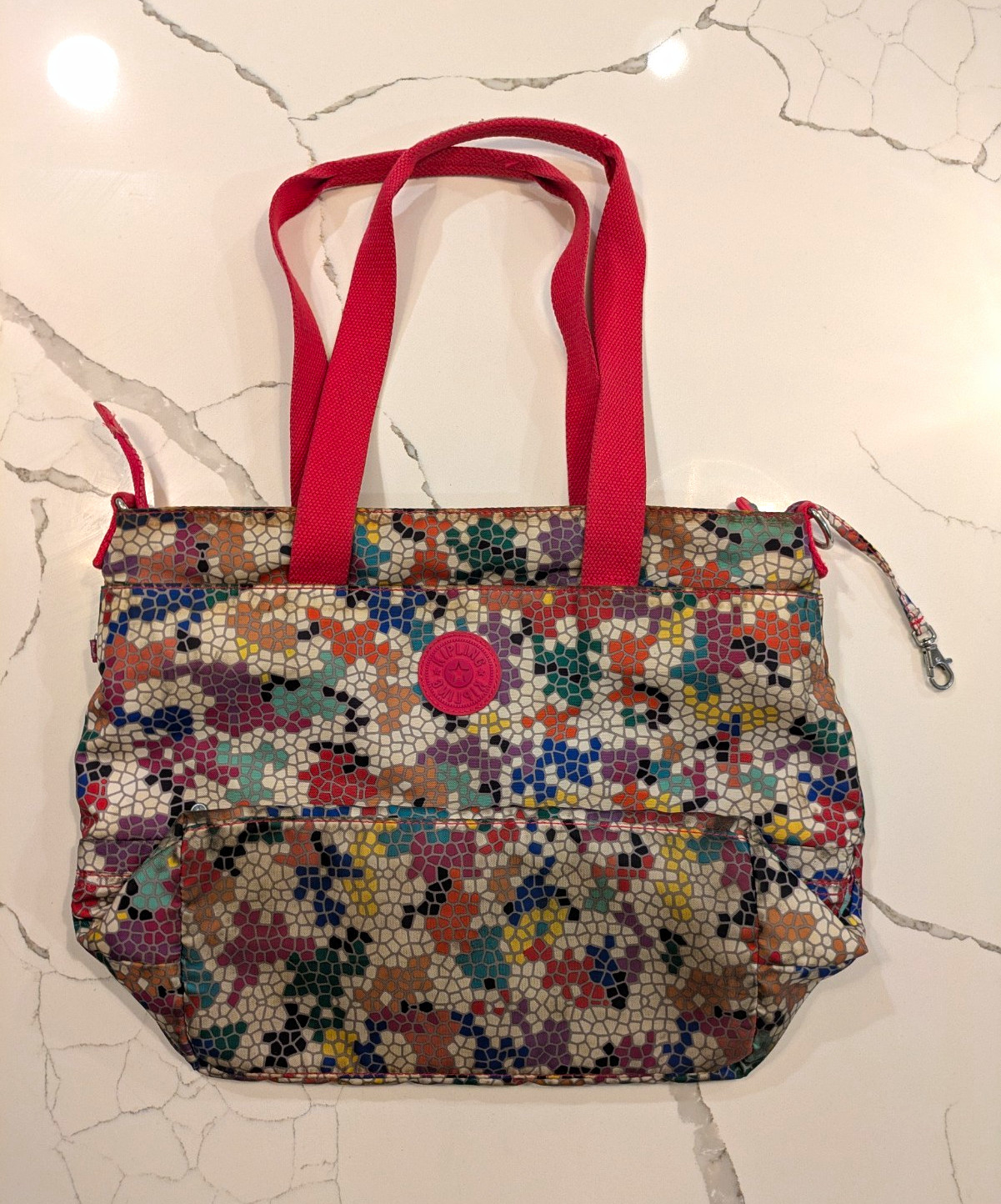 Kipling Multicolor Mosaic Zip Tote, Pink Double Handles, Charm, Silver HW