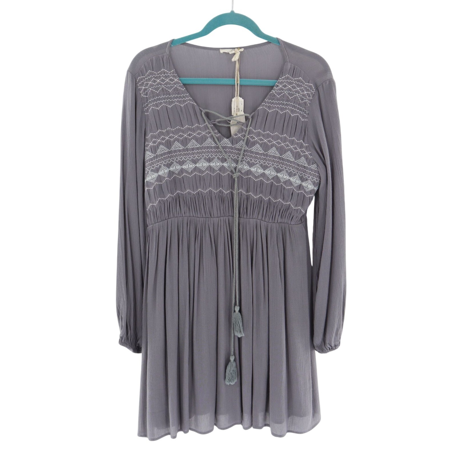Mystree Embroidered Peasant Blouse Womens S Gray Boho Flowy Festival Hippie NWT