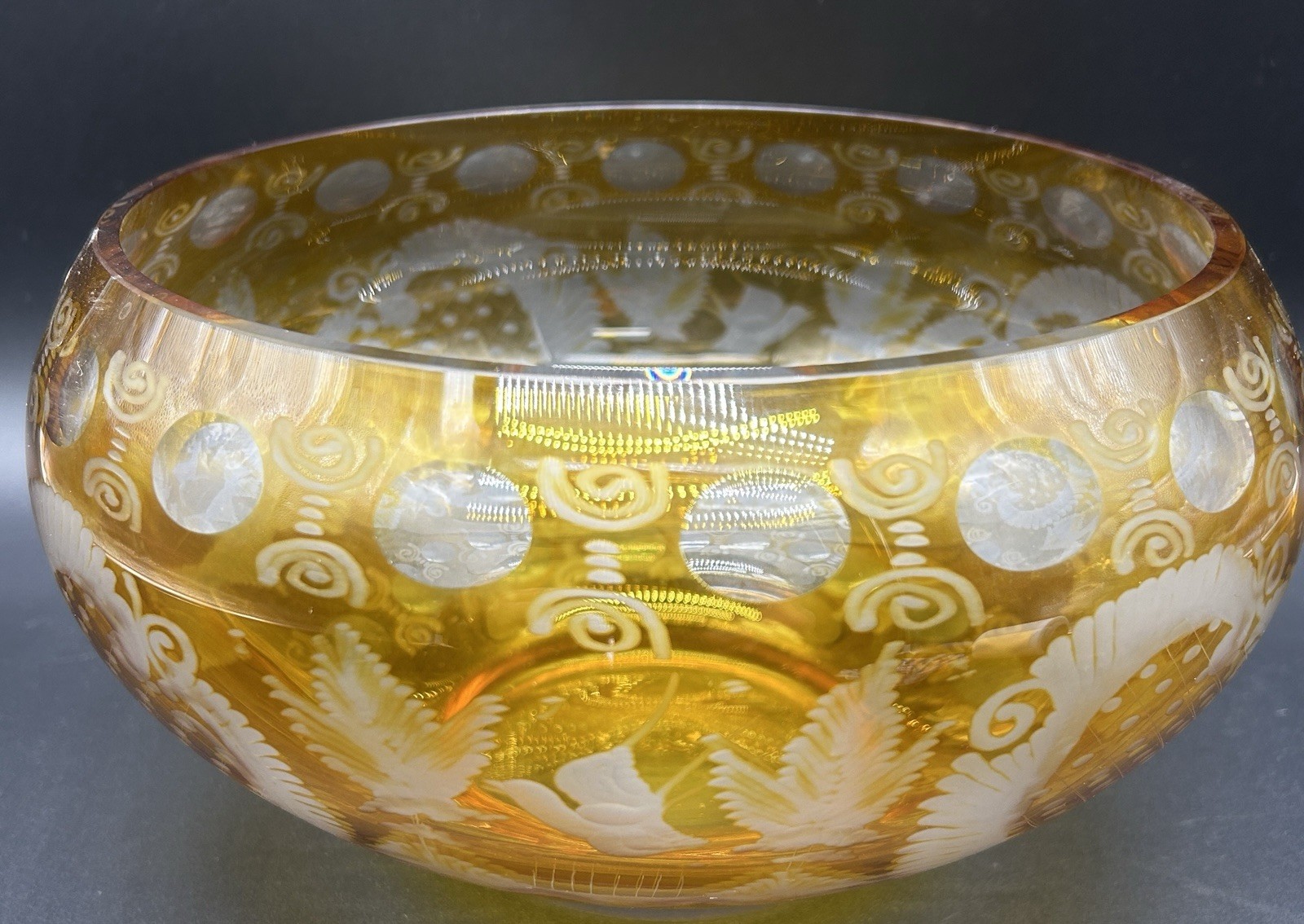 Antique Bohemian Amber Glass Cut To Clear Centerpiece Bowl Deer Birds Czech