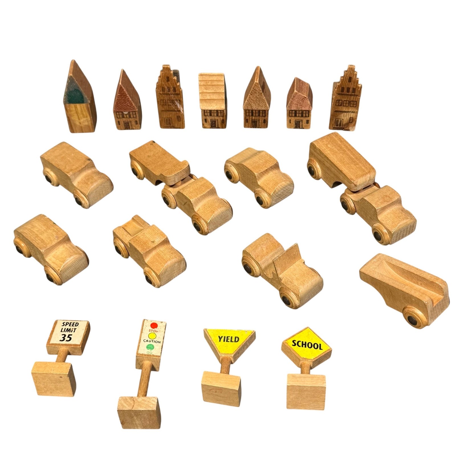 Vintage Wooden Toy Cars Lot Houses Road Signs Germany Brown Playset Village USSR