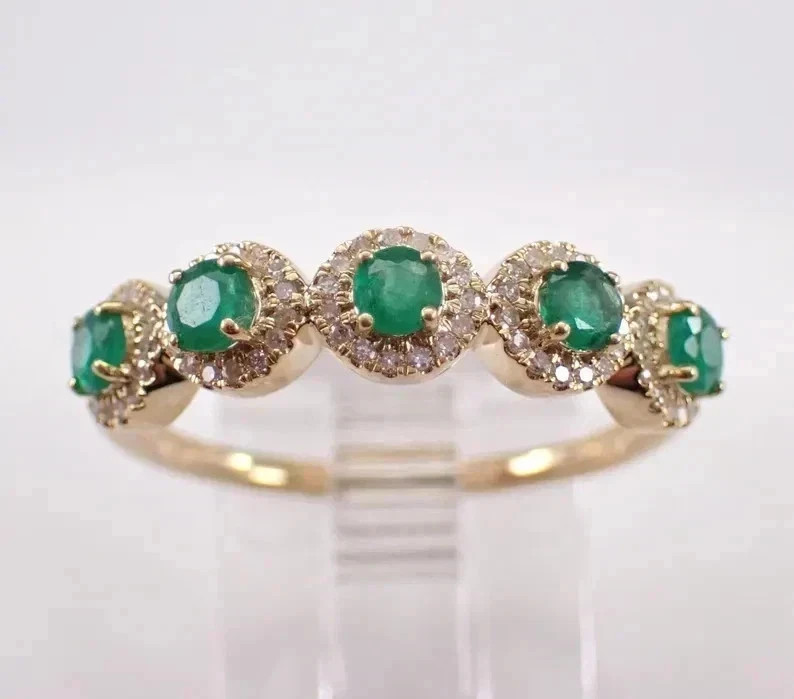 2.20 Ct Round Cut Natural Emerald & Diamond Wedding Ring 14K Yellow Gold