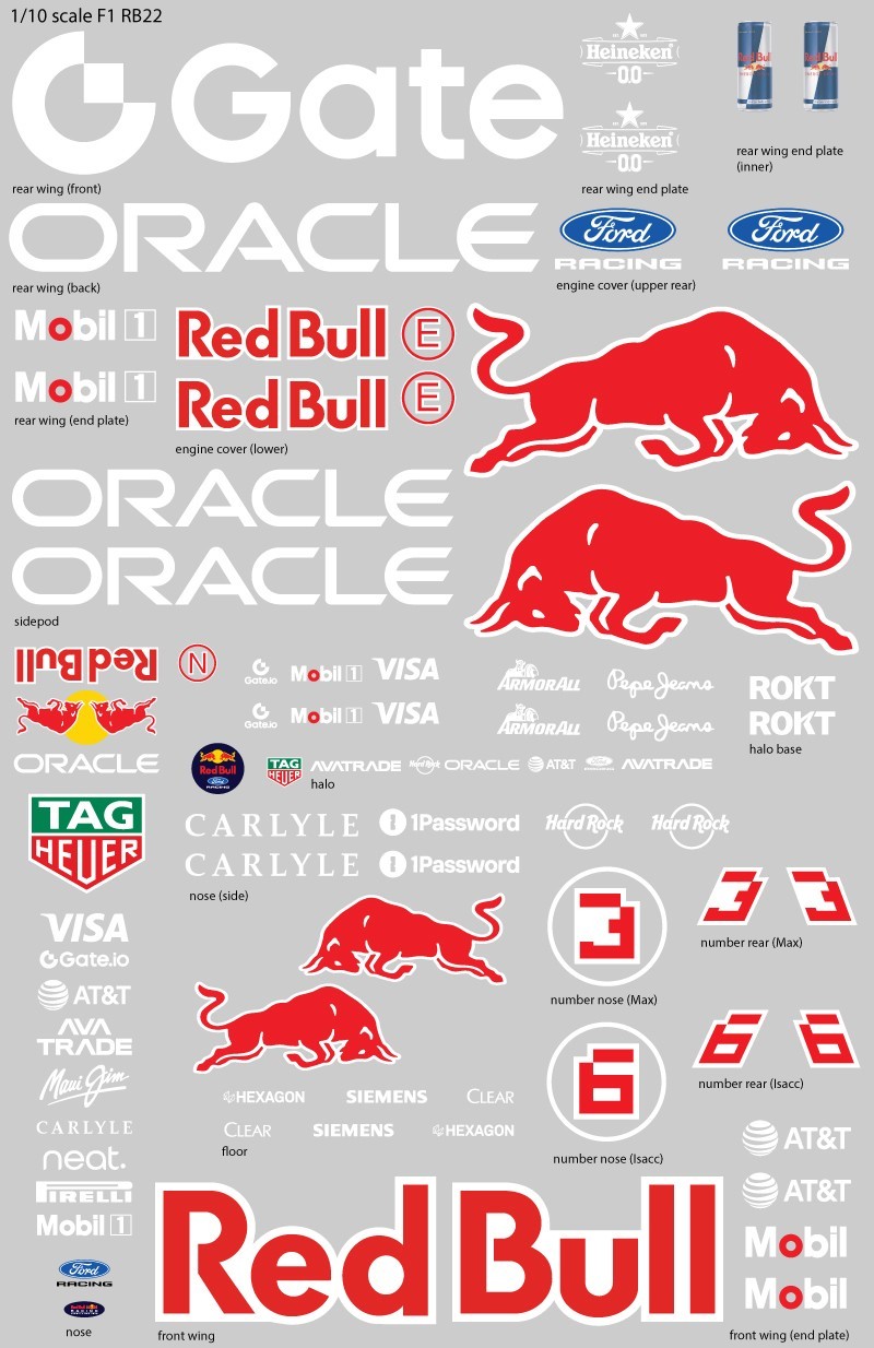 1/10 scale F1 Red Bull RB22 RC Car Transfer Decal Sheet 1/10 scale F1 Red Bull RB22 RC Car Transfer Decal Sheet