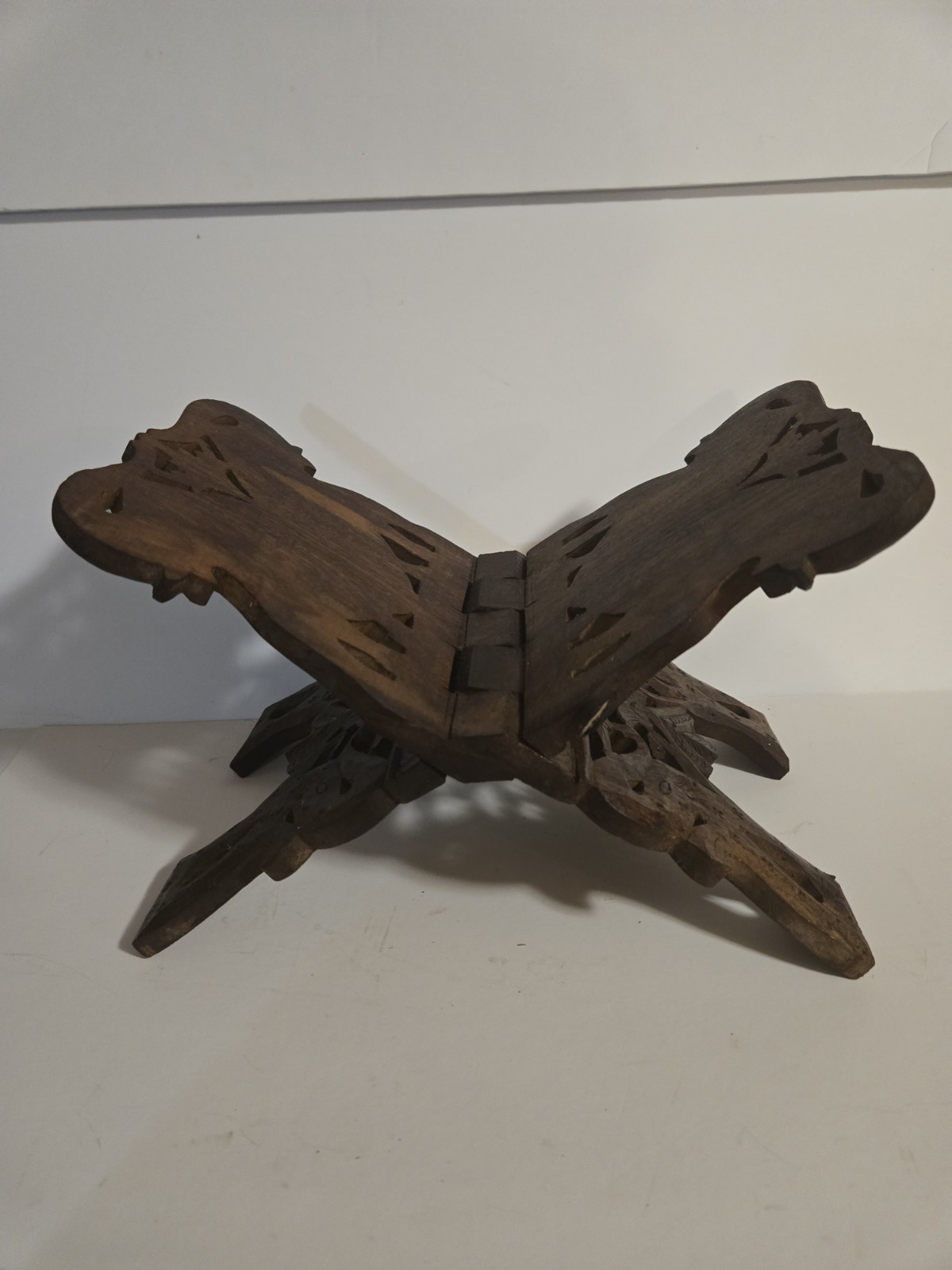 Vtg Hand Carved Wood Folding Book Bible Rest Display Holder Stand Brown Elephant