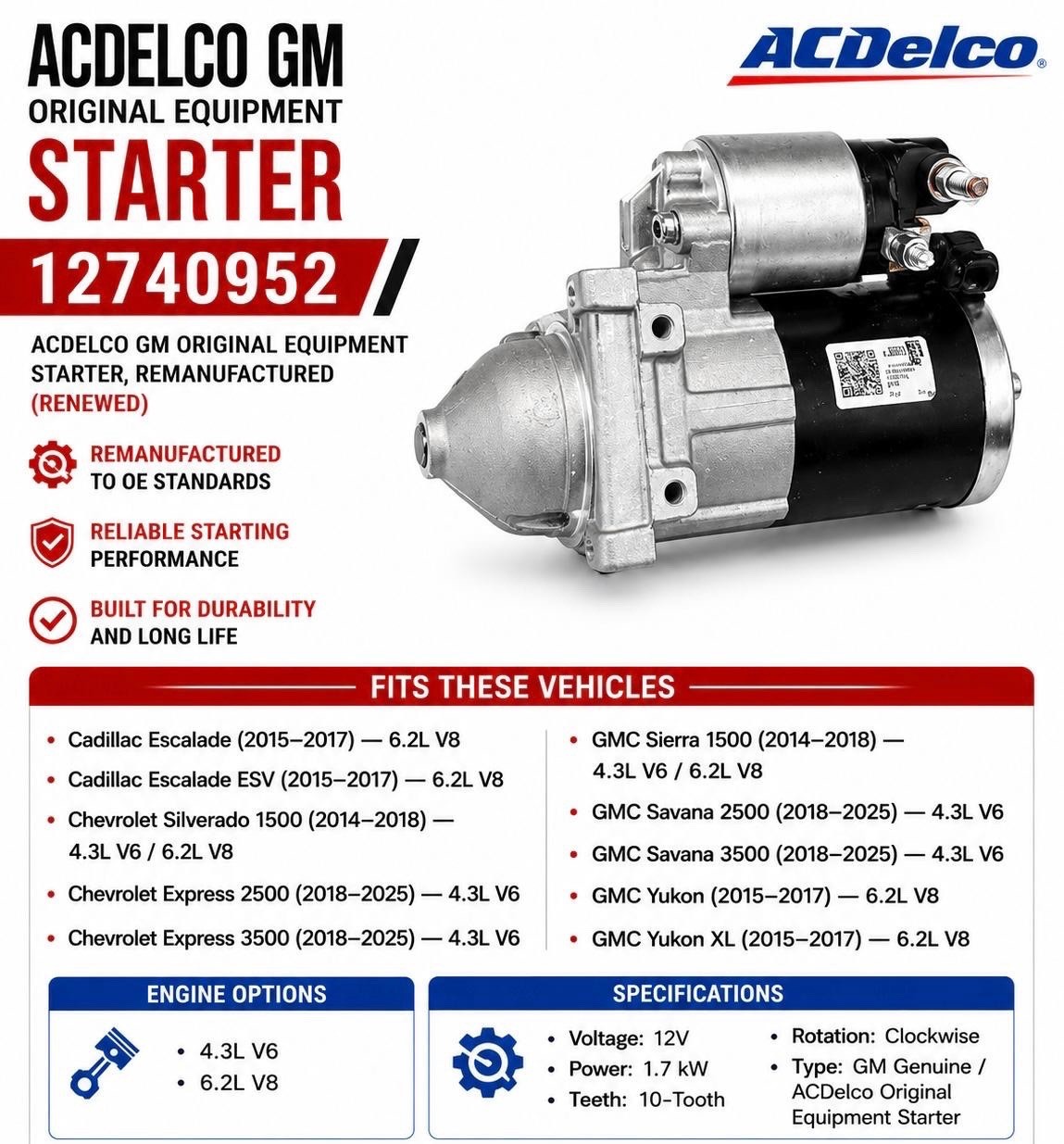 OEM ACDelco 12740952 Reman Starter 10-Tooth 12V GM Silverado Yukon Sierra OEM ACDelco 12740952 Reman Starter 10-Tooth 12V GM Silverado Yukon Sierra