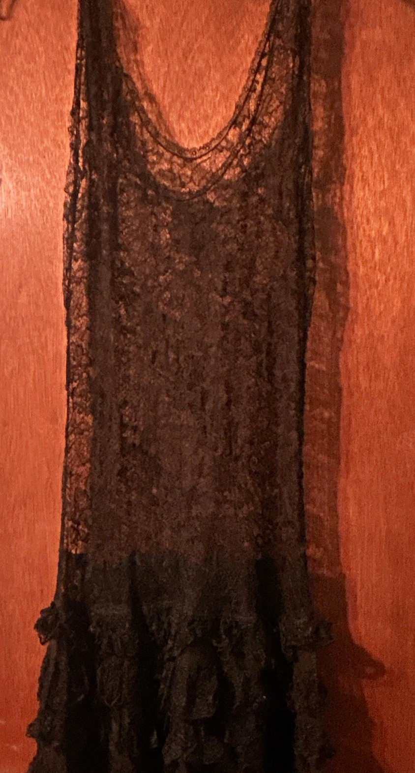 Antique 1920’s XS Black Lace Sleeveless Chemise OverDress Round Neck Ruffle Hem Antique 1920’s XS Black Lace Sleeveless Chemise OverDress Round Neck Ruffle Hem