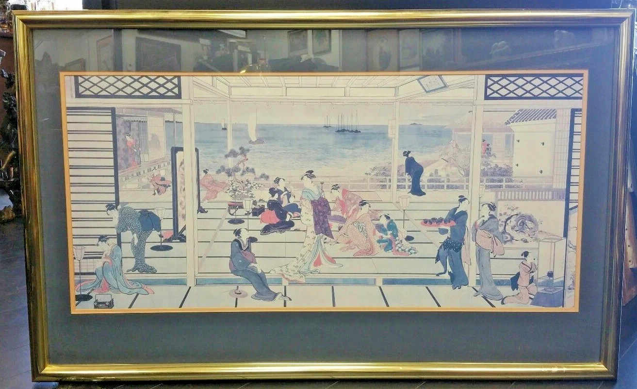 Large Antique Japanese Art Landscape Wood Print Framed Large Antique Japanese Art Landscape Wood Print Framed