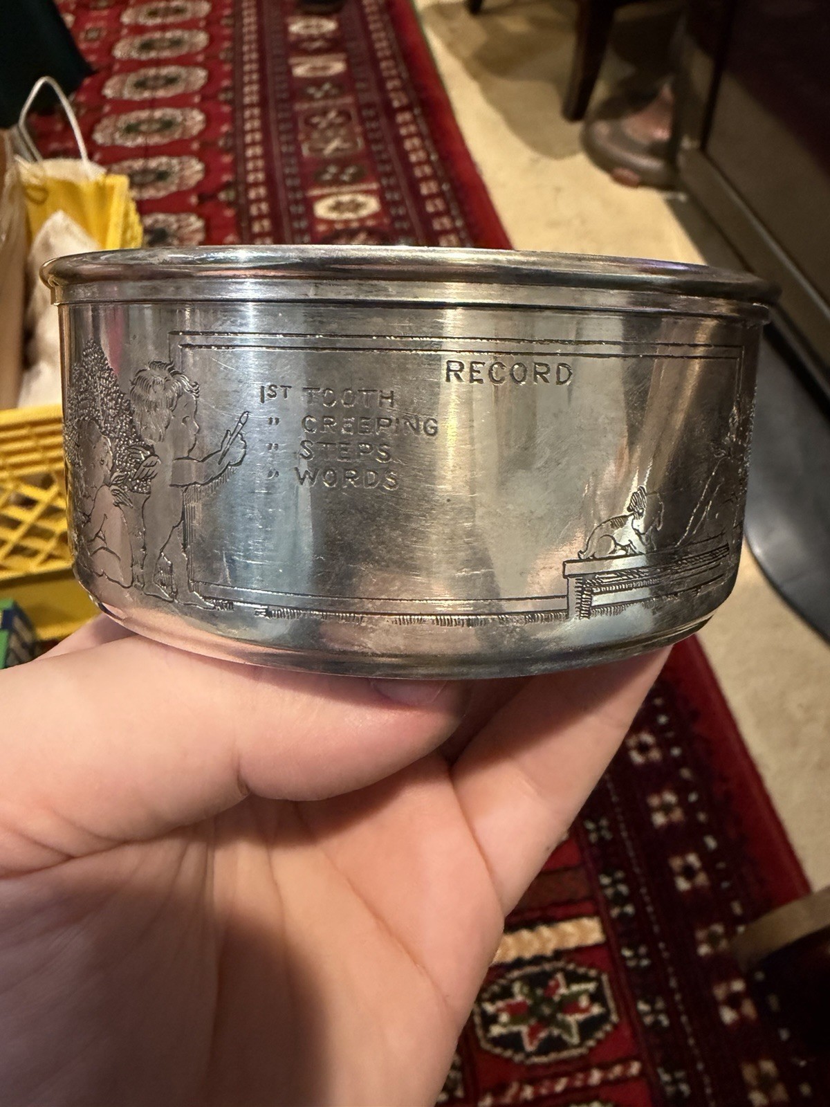 Sterling Silver Birth Record Porringer Bowl Children & Animal Scene No monogram