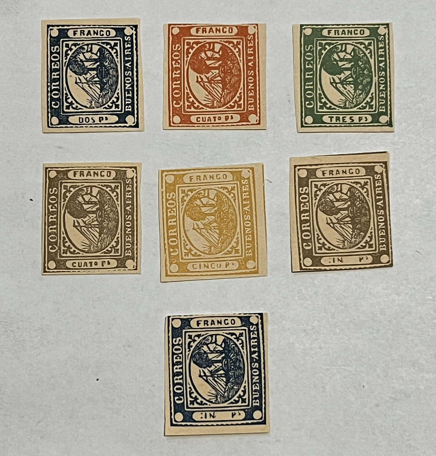 1858-1859 BUENOS AIRES ARGENTINA STAMP LOT OF 7, LIKELY FORGERIES 1858-1859 BUENOS AIRES ARGENTINA STAMP LOT OF 7, LIKELY FORGERIES