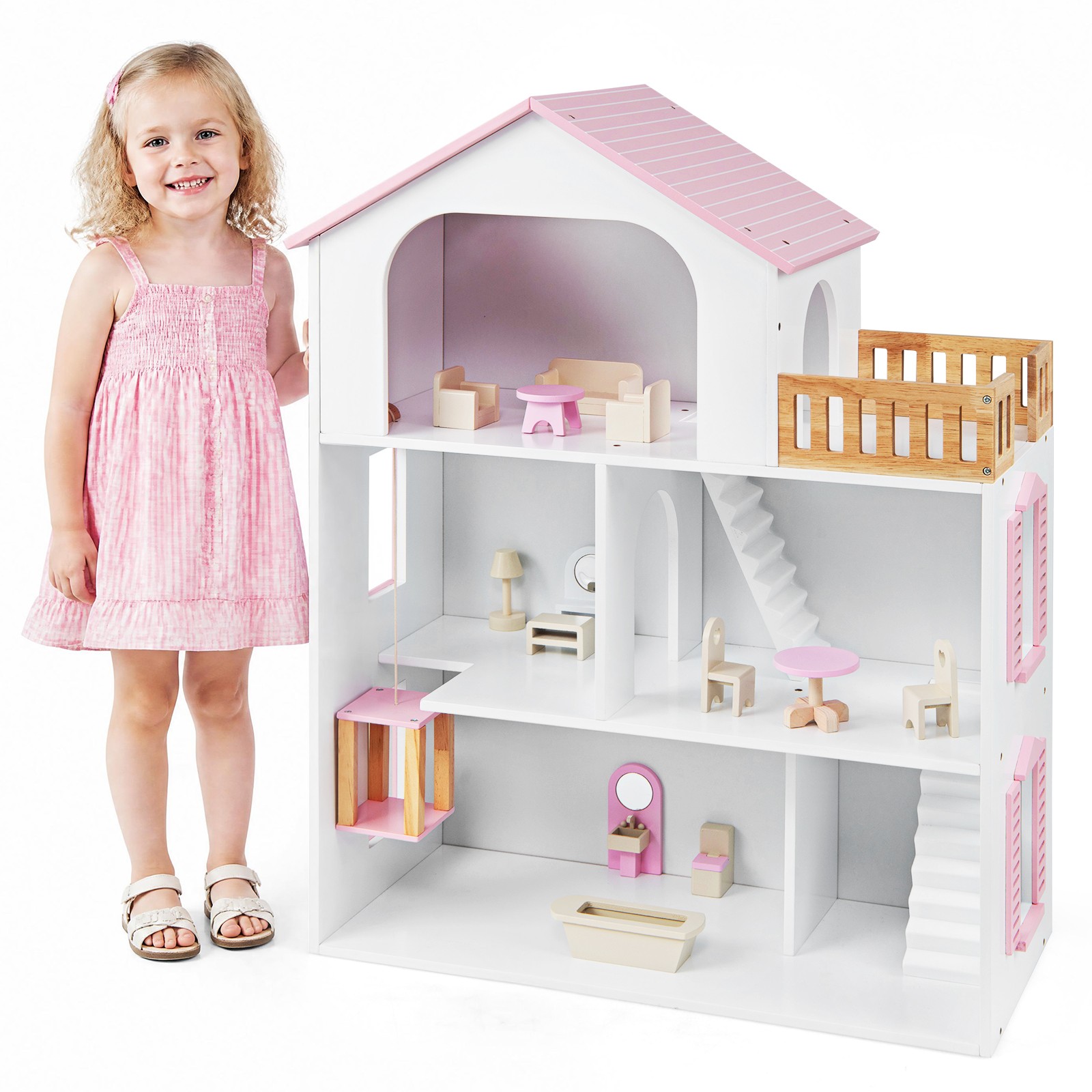 3-Story Doll House with 5 Rooms and Furniture Accessories, Pretend Play Toy
