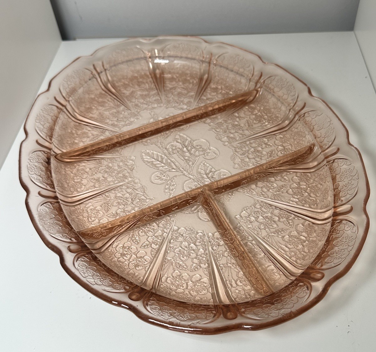 Vintage Jeanette Pink Depression Glass Cherry Blossom Divided Platter Tray 13\