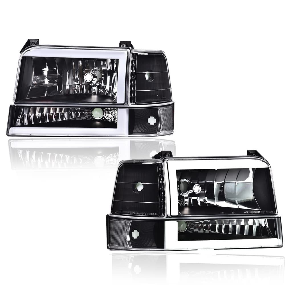 6pc LED DRL Headlights Black Housing For 92-96 Ford Bronco F150 w/Corner Signal