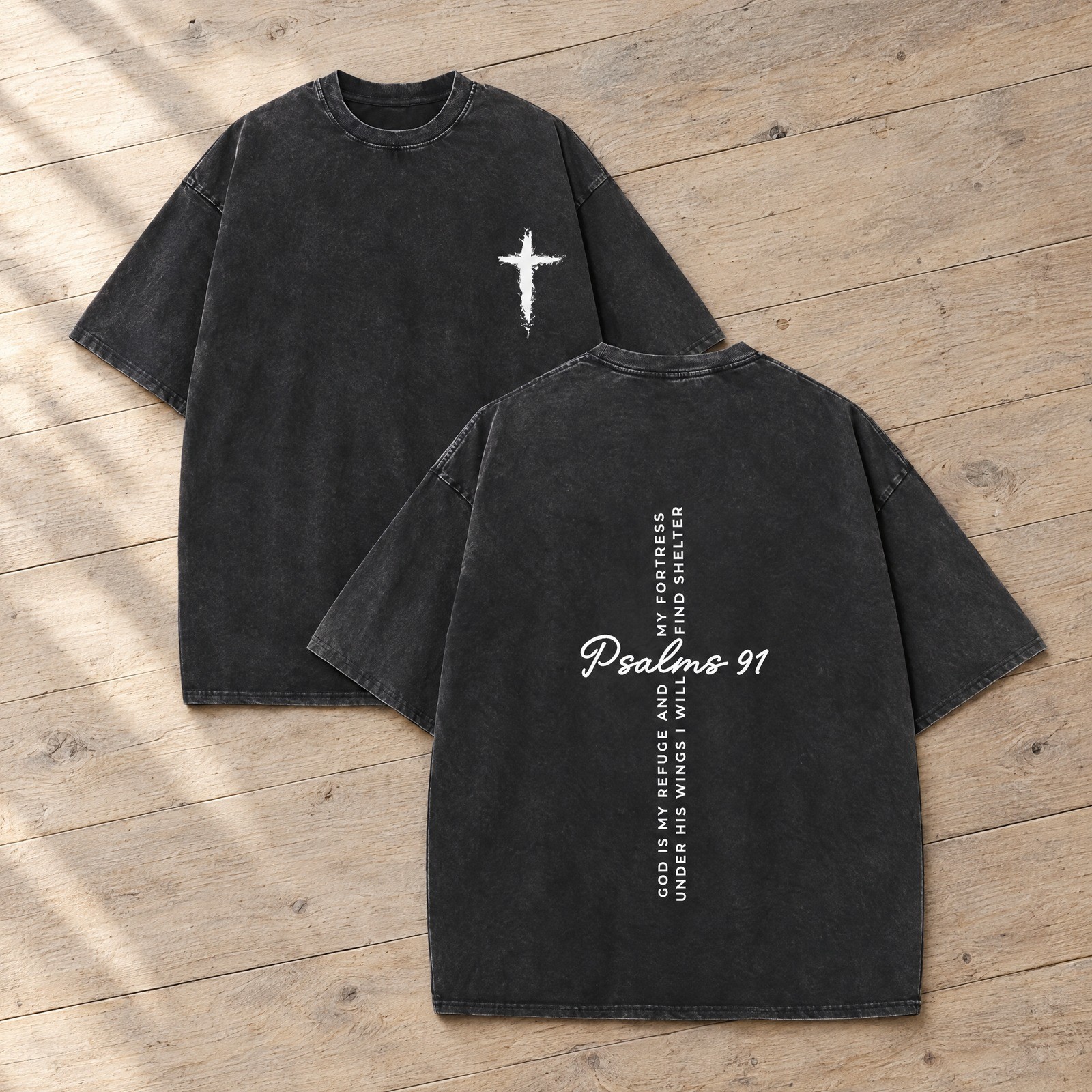 Psalm 91 Christian Cross T-Shirt Men Oversized Acid Wash Black Cotton Y2K Tee