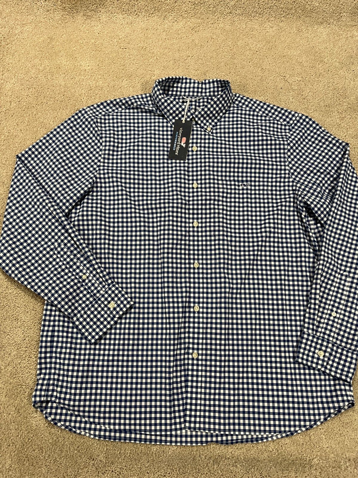 Vineyard Vines Shirt Mens Extra Large Gingham Plaid OTG Performance Stretch Blue