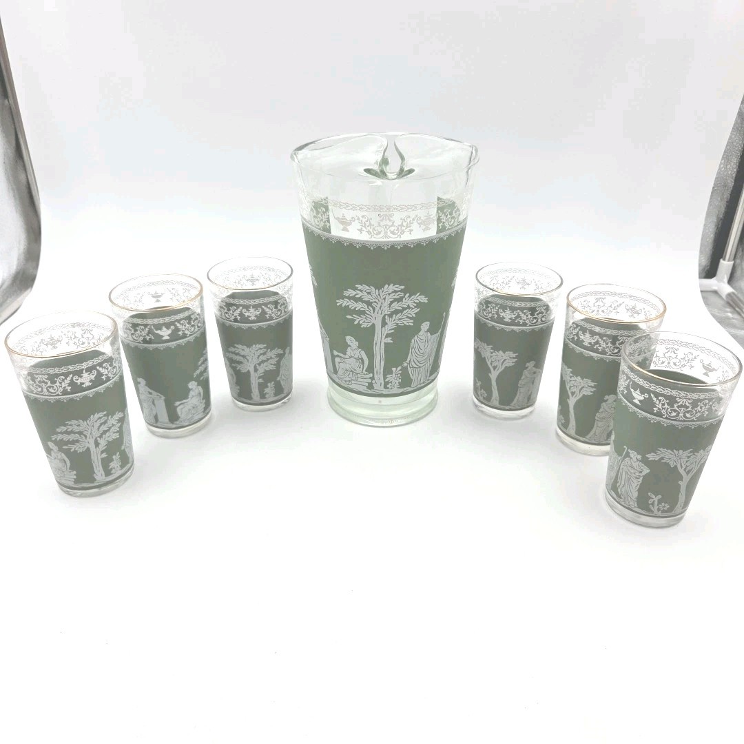 Pitcher + 6 Glasses Jeannette Wedgwood Grecian Green Hellenic Drink Bar Pitcher + 6 Glasses Jeannette Wedgwood Grecian Green Hellenic Drink Bar