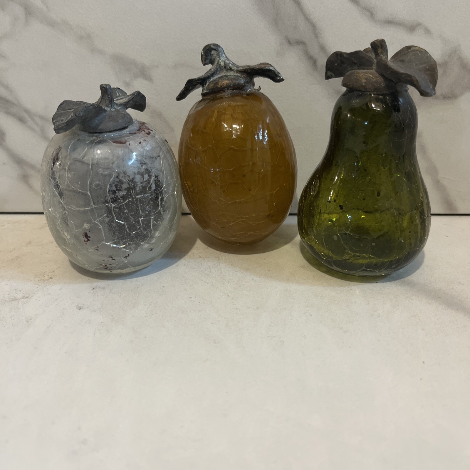 VTG Crackled Glass Metal Leaf Stem Fruit 3 Pieces VTG Crackled Glass Metal Leaf Stem Fruit 3 Pieces
