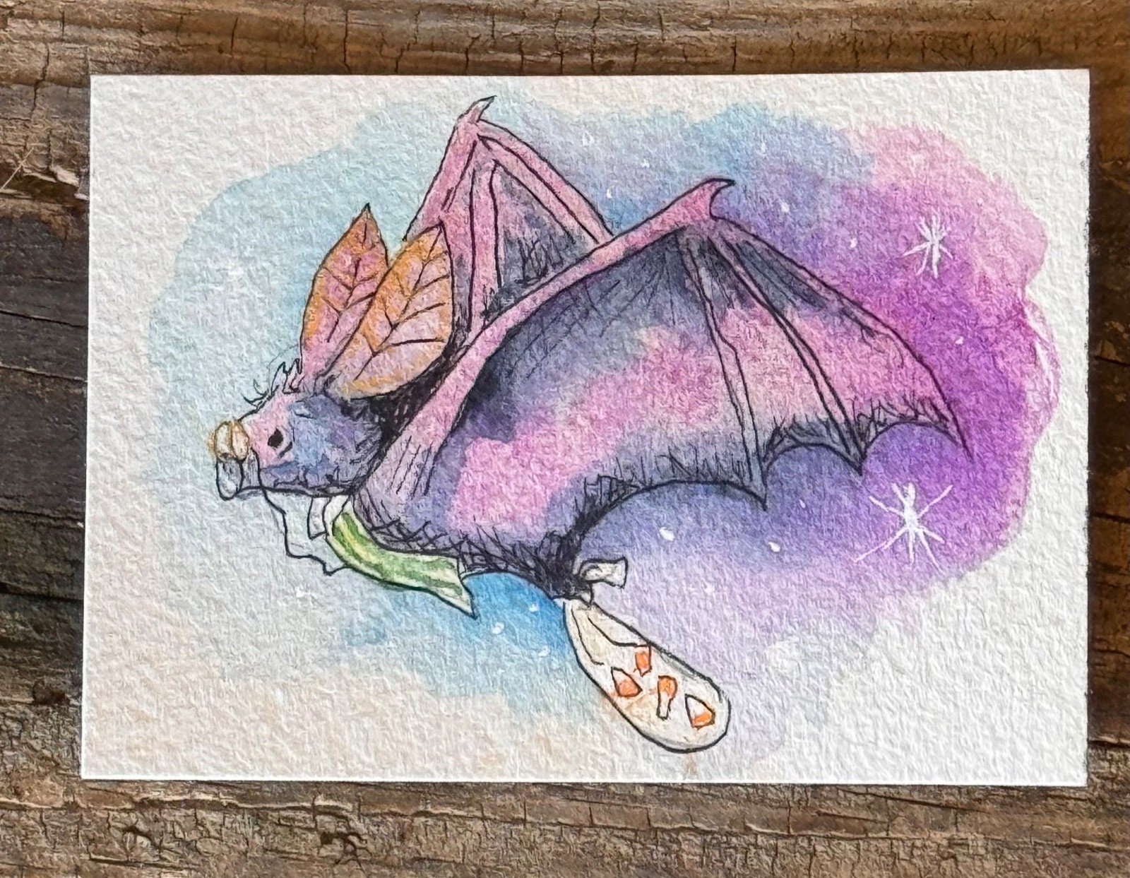 Origional Watercolor  ACEO Bat and Candy Corn no. 2  by artist Edith Schmidt