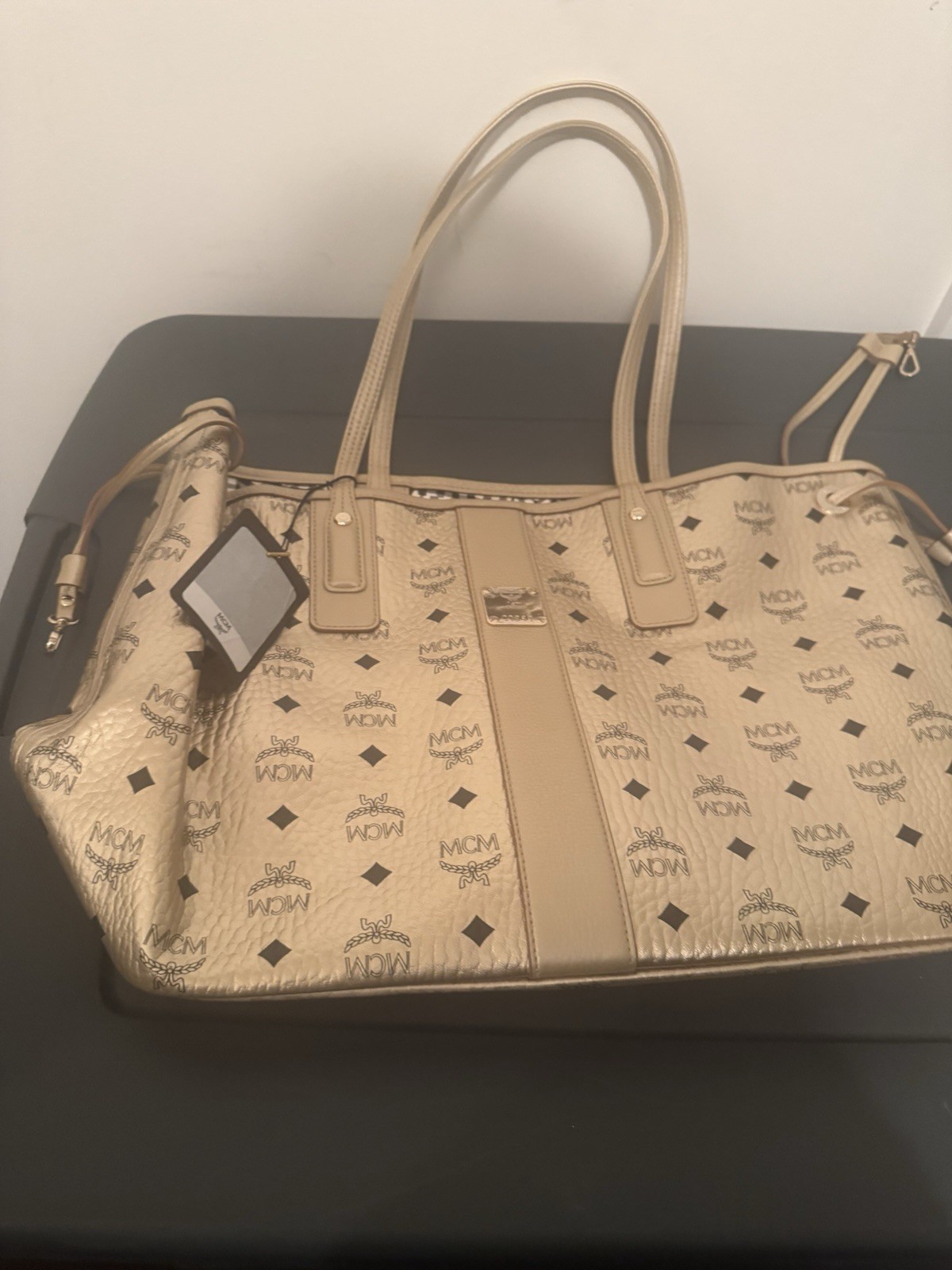 MCM Visetos Monogram Tote Bag Large Beige Gold Hardware 