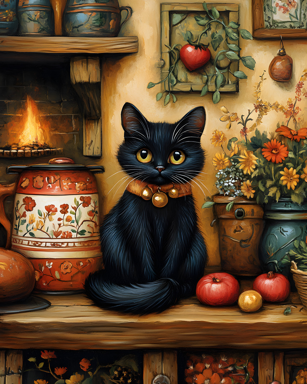 Golden-Eyed Black Cat Among Painted Pots and Red Apples Print - 851665360