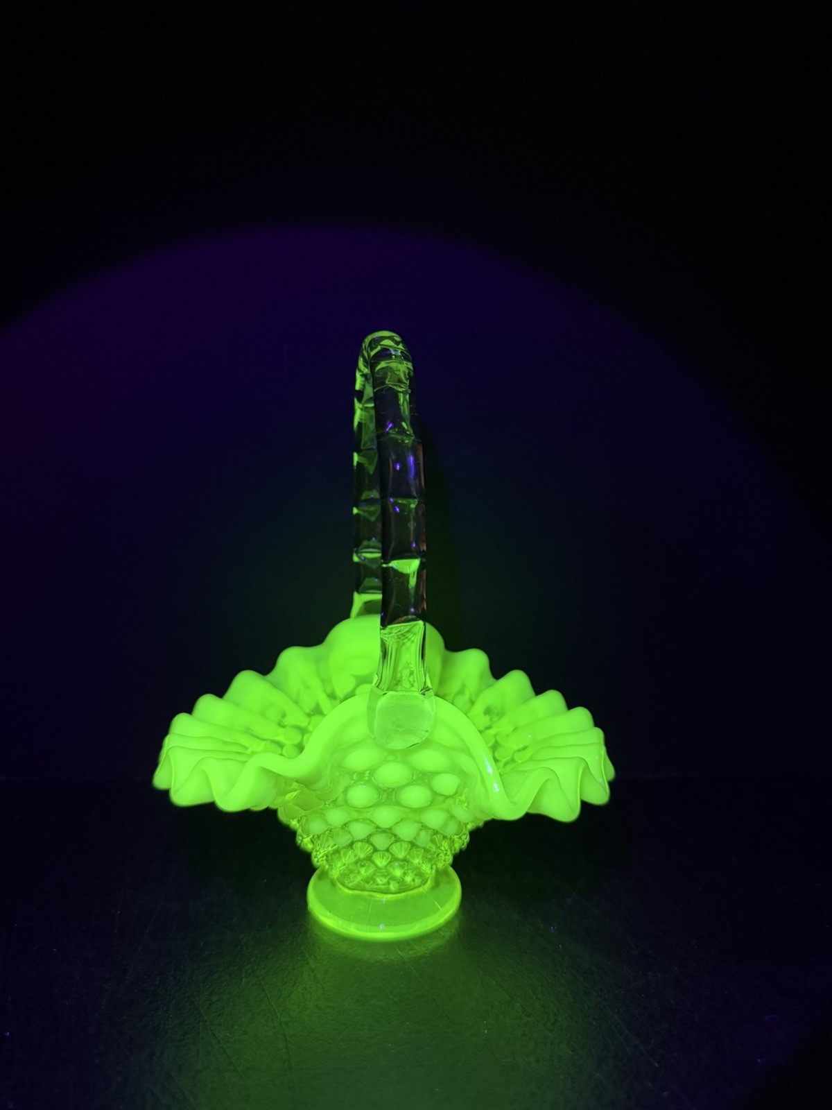 Vintage Fenton Glass Topaz Vaseline Hobnail Glass Basket W/crystal Handle 6.5” Vintage Fenton Glass Topaz Vaseline Hobnail Glass Basket W/crystal Handle 6.5”