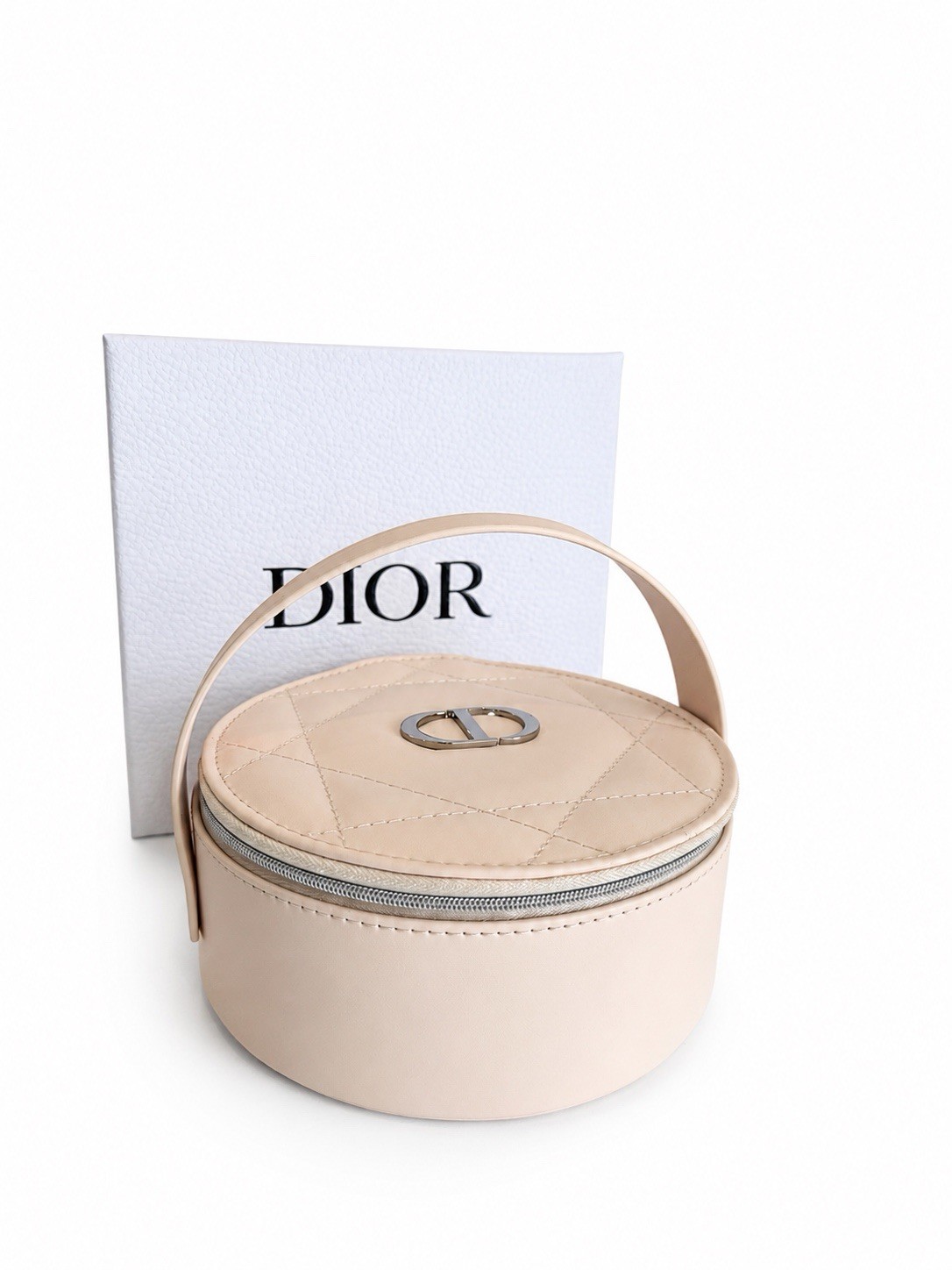 Dior Beige Quilted Round Makeup Case Zip Closure with Mirror & Handle Dior Beige Quilted Round Makeup Case Zip Closure with Mirror & Handle