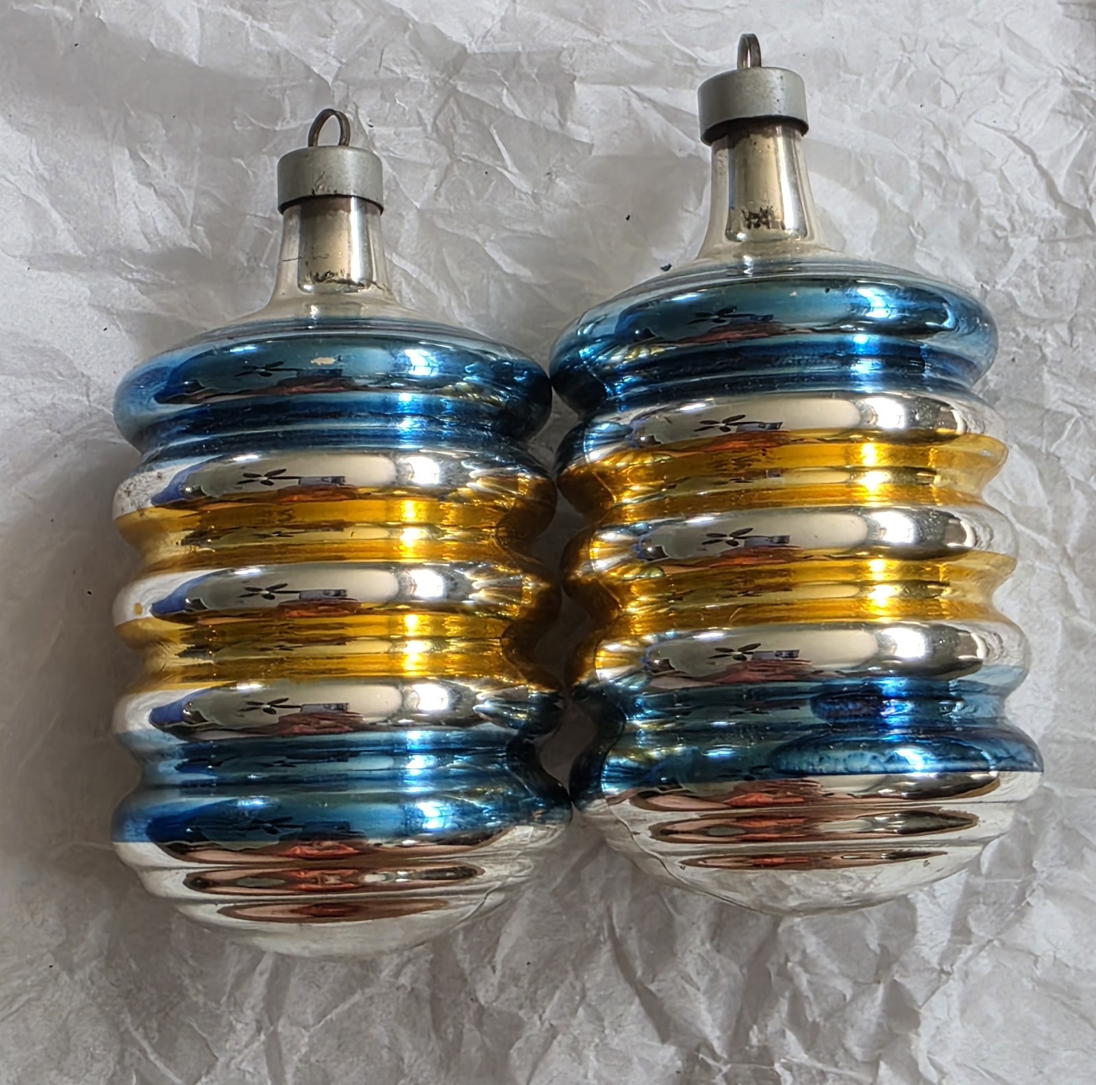 2 Vintage Premier Mercury Glass Blue Gold Lantern Barrel Christmas Ornaments 2 Vintage Premier Mercury Glass Blue Gold Lantern Barrel Christmas Ornaments