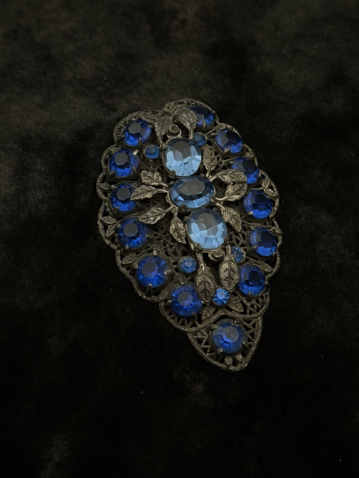 Antique Art Deco Large Dress Clip 1920s 1930s Sapphire Blue Czech Glass Filigree